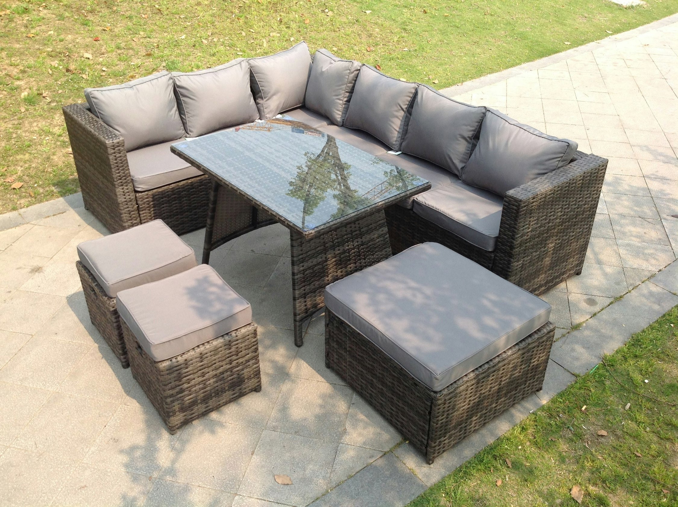 Fimous Dark/Grey 9 Seater Rattan Corner Sofa Set Dining Table Footstool Garden Furniture Patio