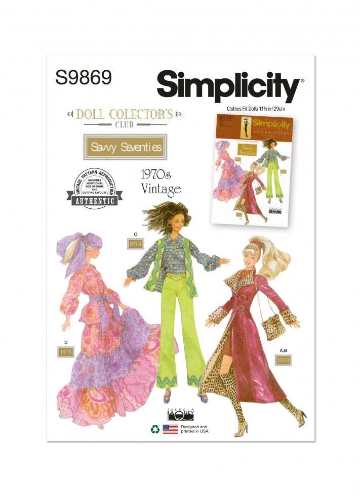 Simplicity Sewing Pattern 9869, Doll Clothes, Vintage Style Os (One Size) - Intermediate - Os (One Size)