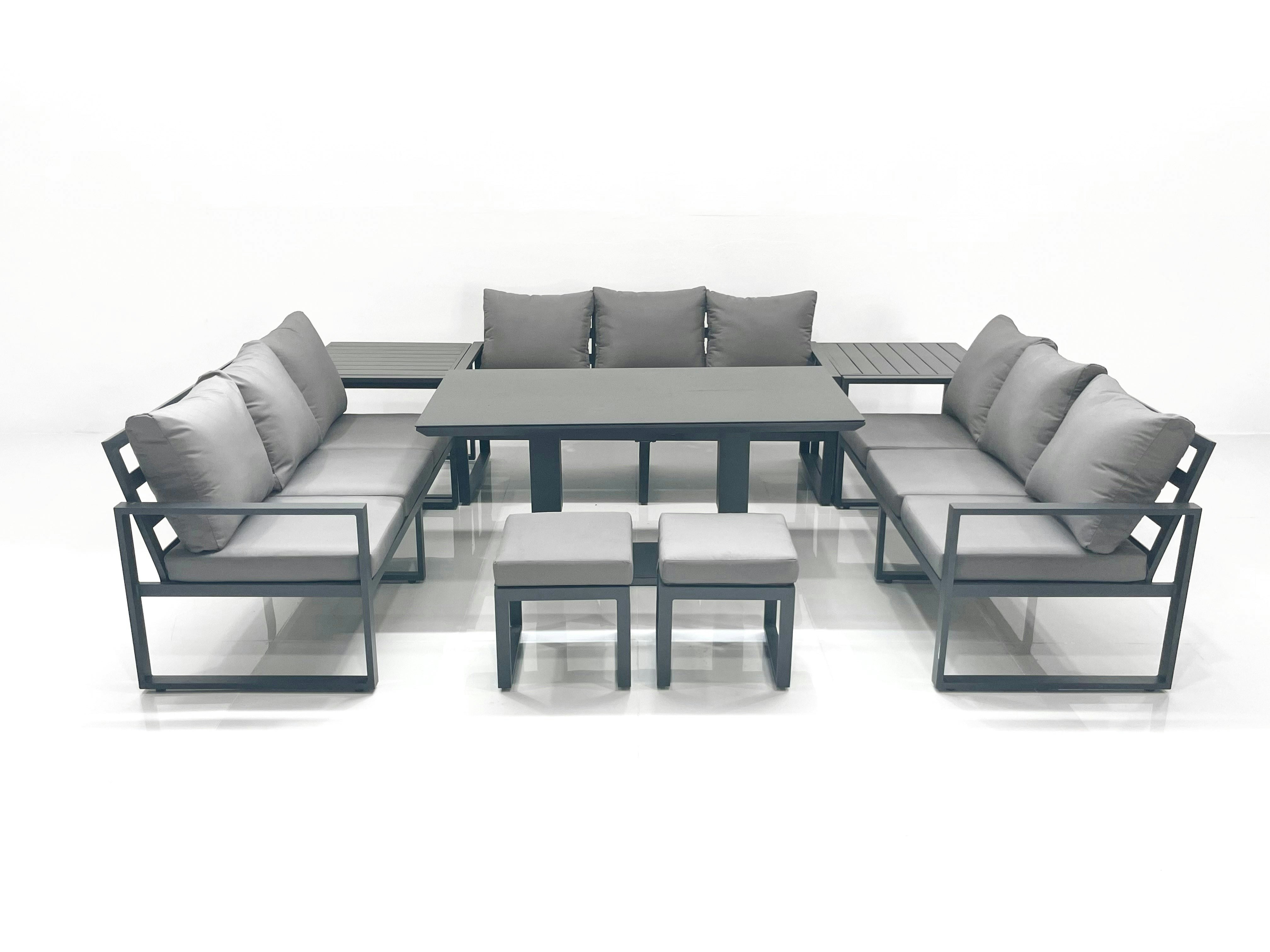 Fimous Dark/Grey 11 Seater Garden Sofa Set Aluminium Furniture Rising Dining Tabe Set With 2 Side Tables 2 Small Footstools