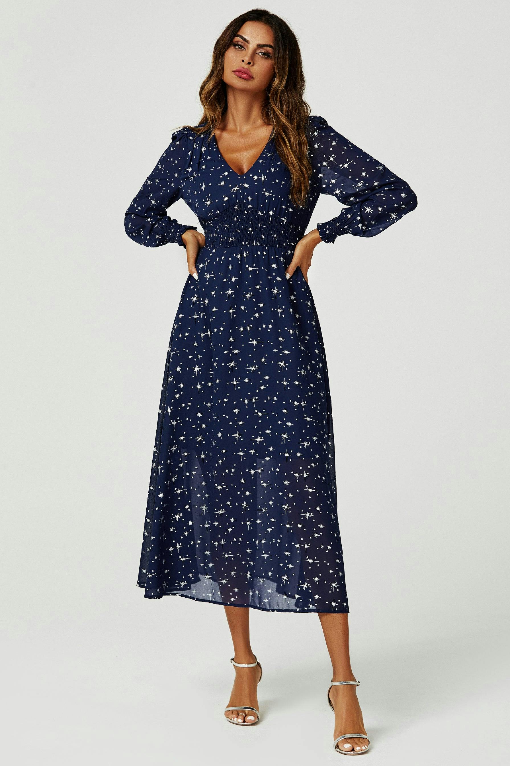 Fs Collection Silver Star Foil Long Sleeve Maxi Dress In Navy - S - Navy