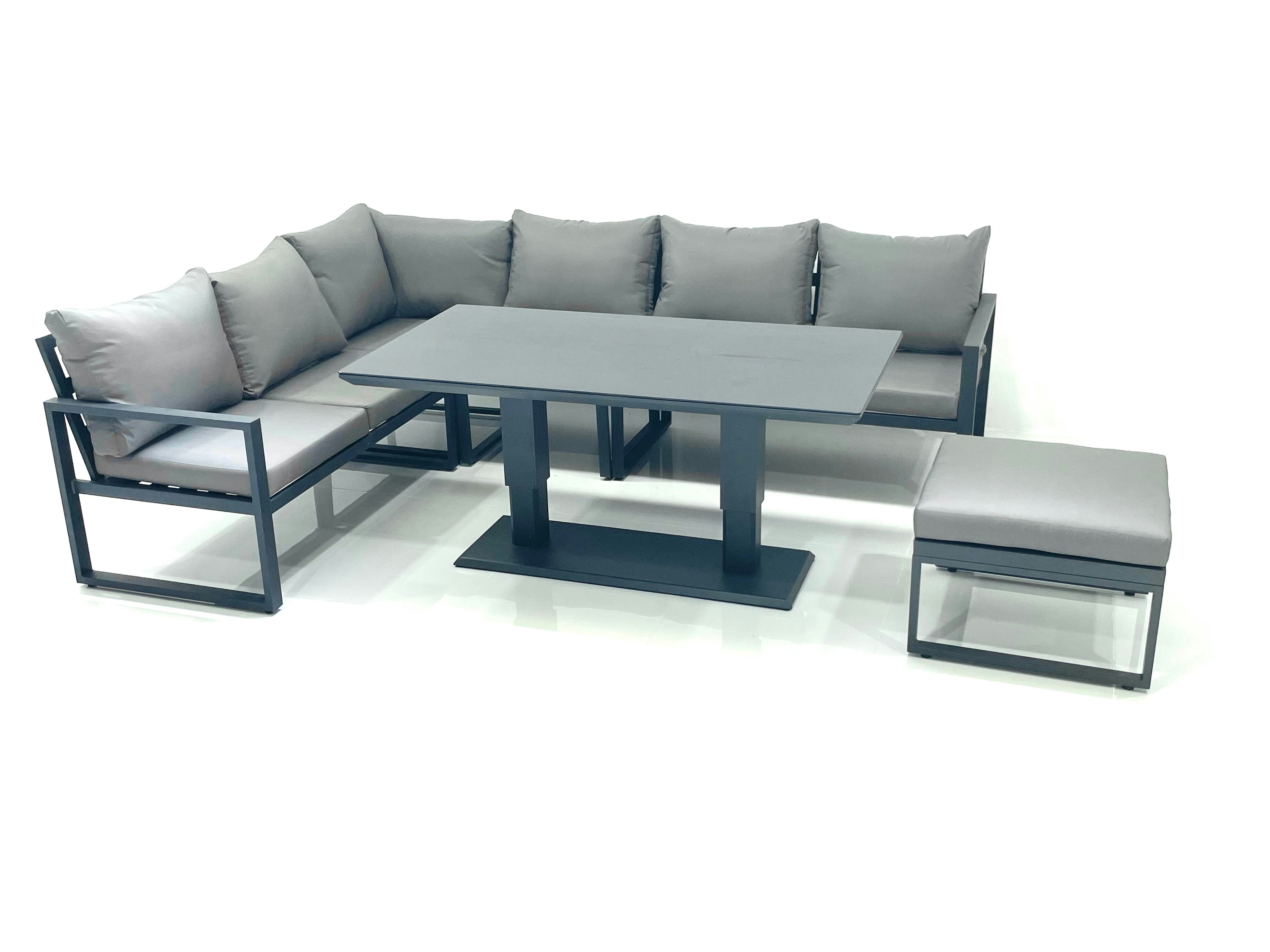 Fimous Dark/Grey Aluminum Outdoor Garden Furniture Set Corner Sofa Big Footstool Adjustable Rising Lifting Dining Table Sets