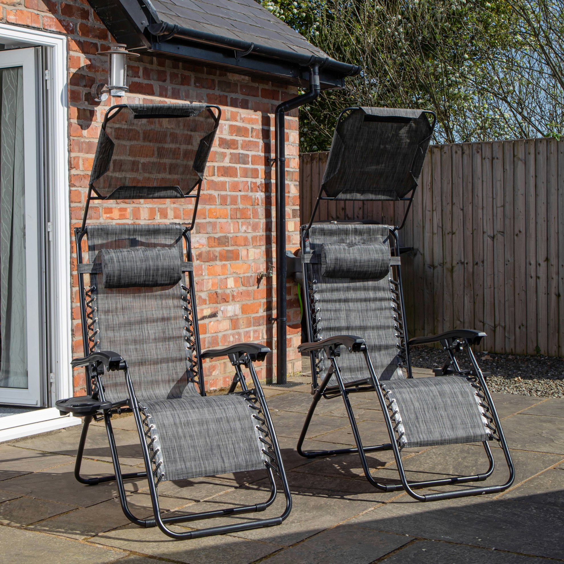 Rackhams Grey Pack Of 2 Multi Position Garden Gravity Relaxer Chair Sun Loungers With Sun Canopy In - Sunloungers