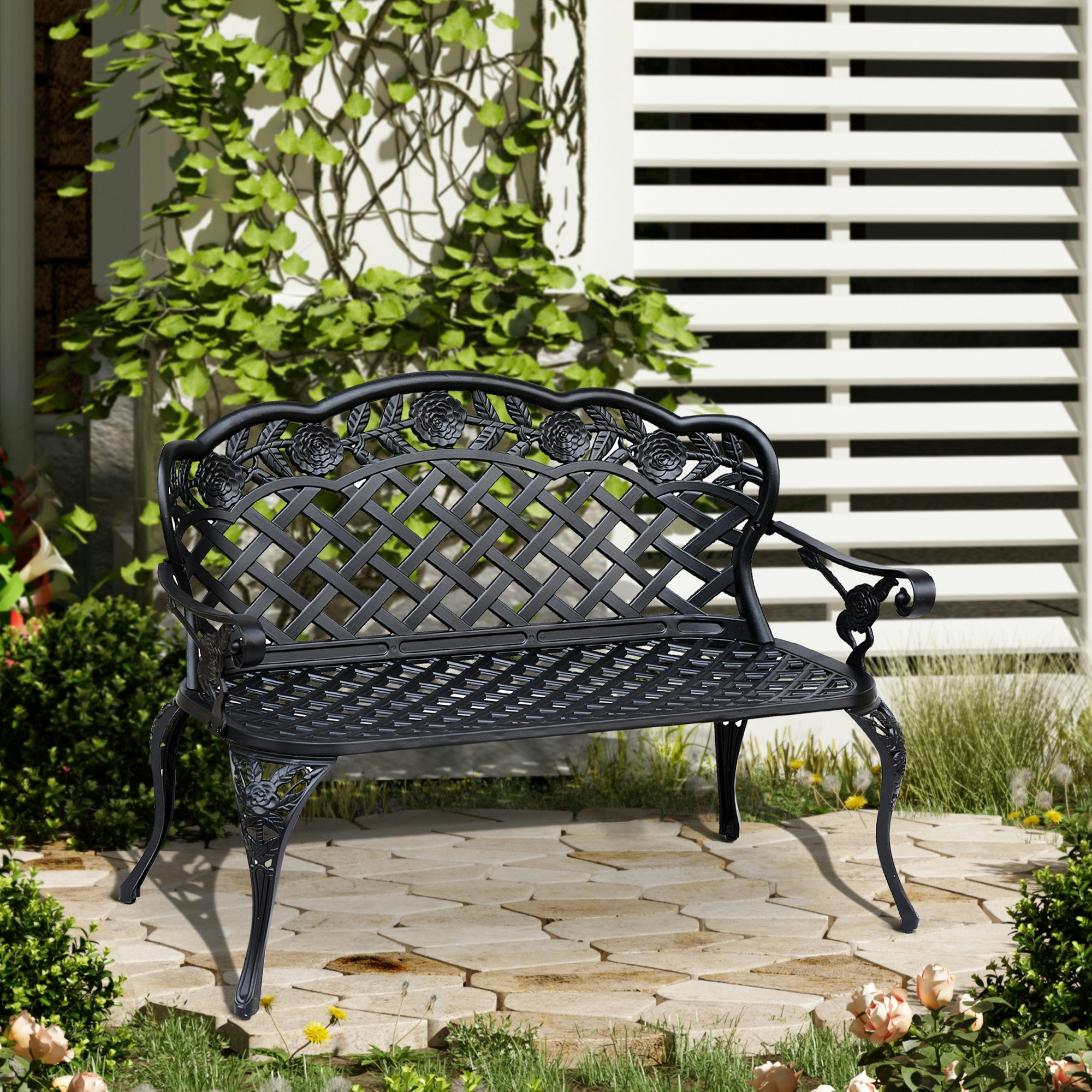 Rackhams Black Garden Bench Park Chair Cast Aluminium Outdoor 2-Seater Outdoor
