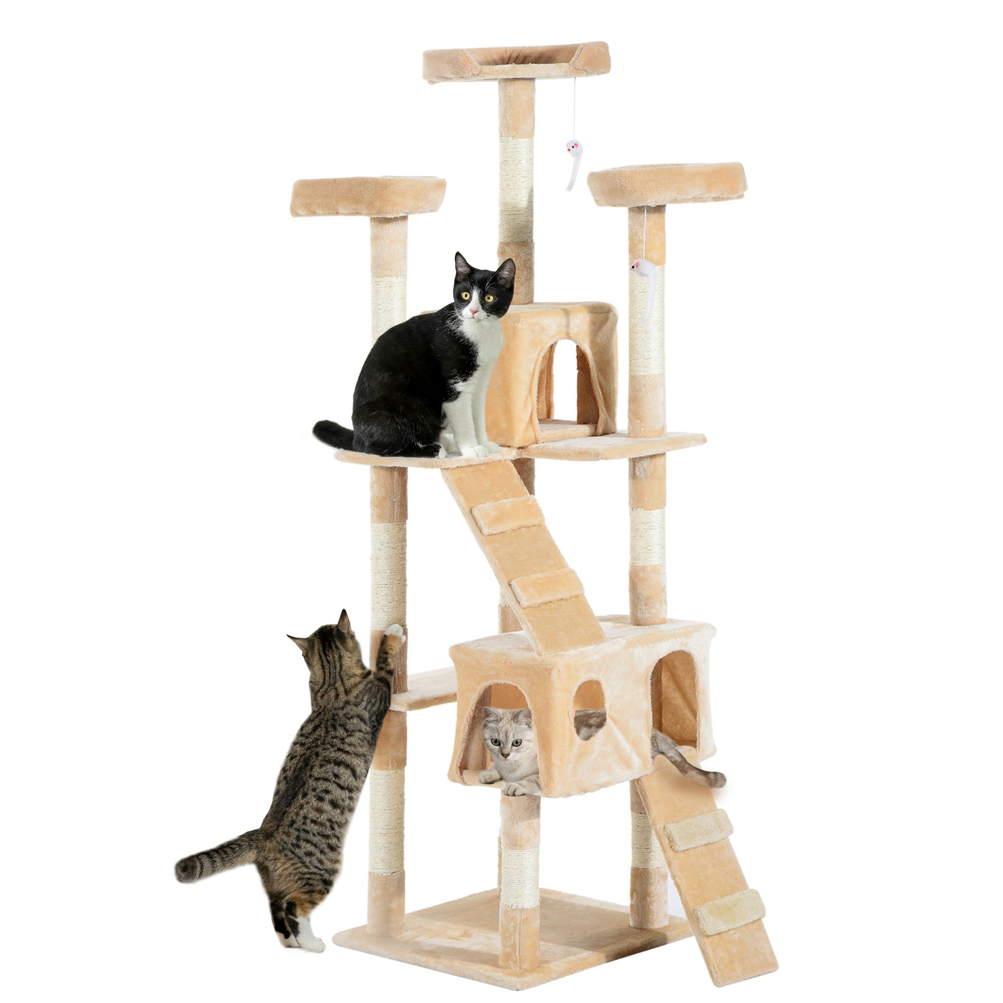Pawhut Cream Cat Tree Scratcher Activity Centre, Condo Scratching Post Toy Bed - Particle Board, Plush Cloth - Size 1