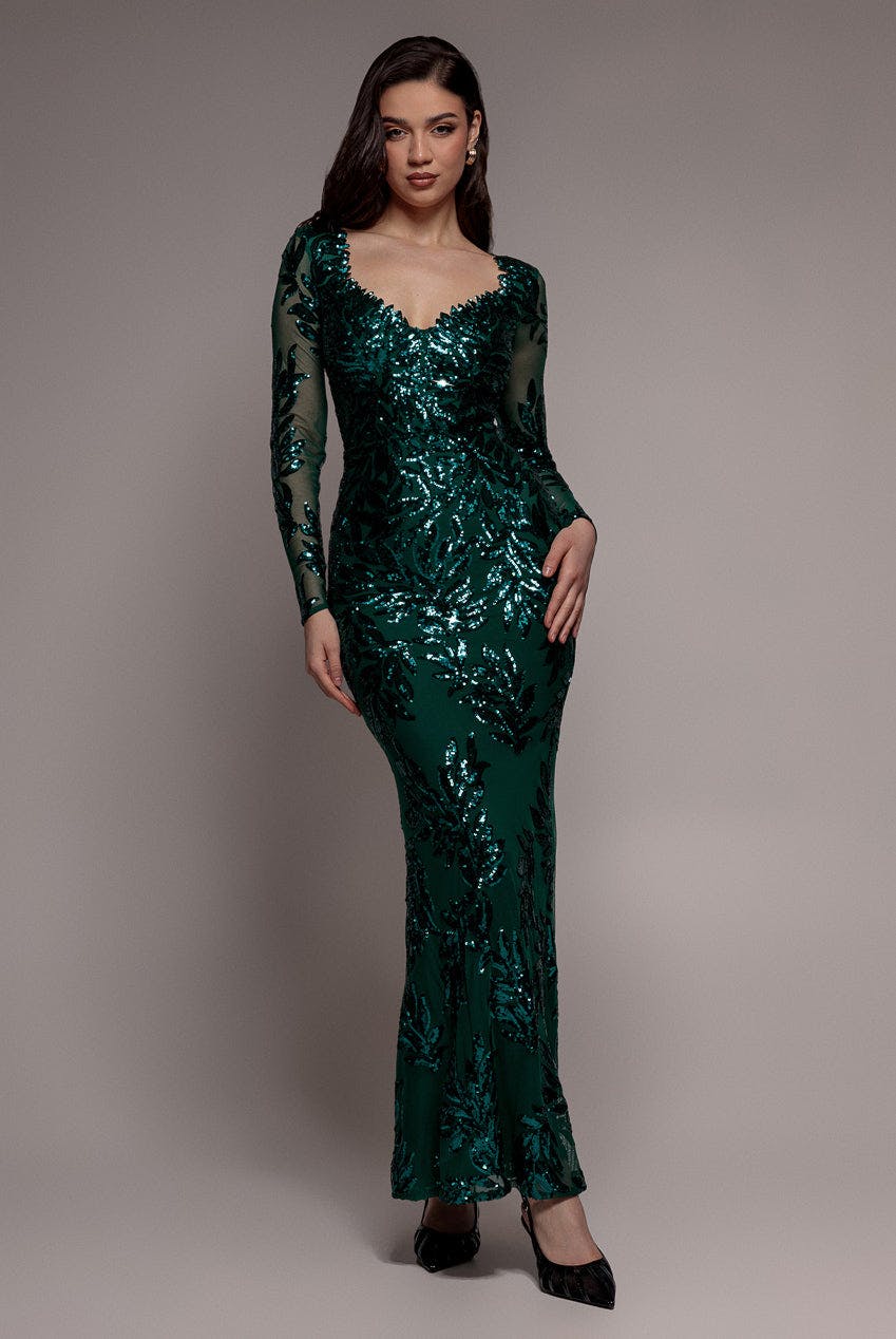 Goddiva Green Sequin Leaf Long Sleeve Maxi Dress - Emerald By - Emerald - 14