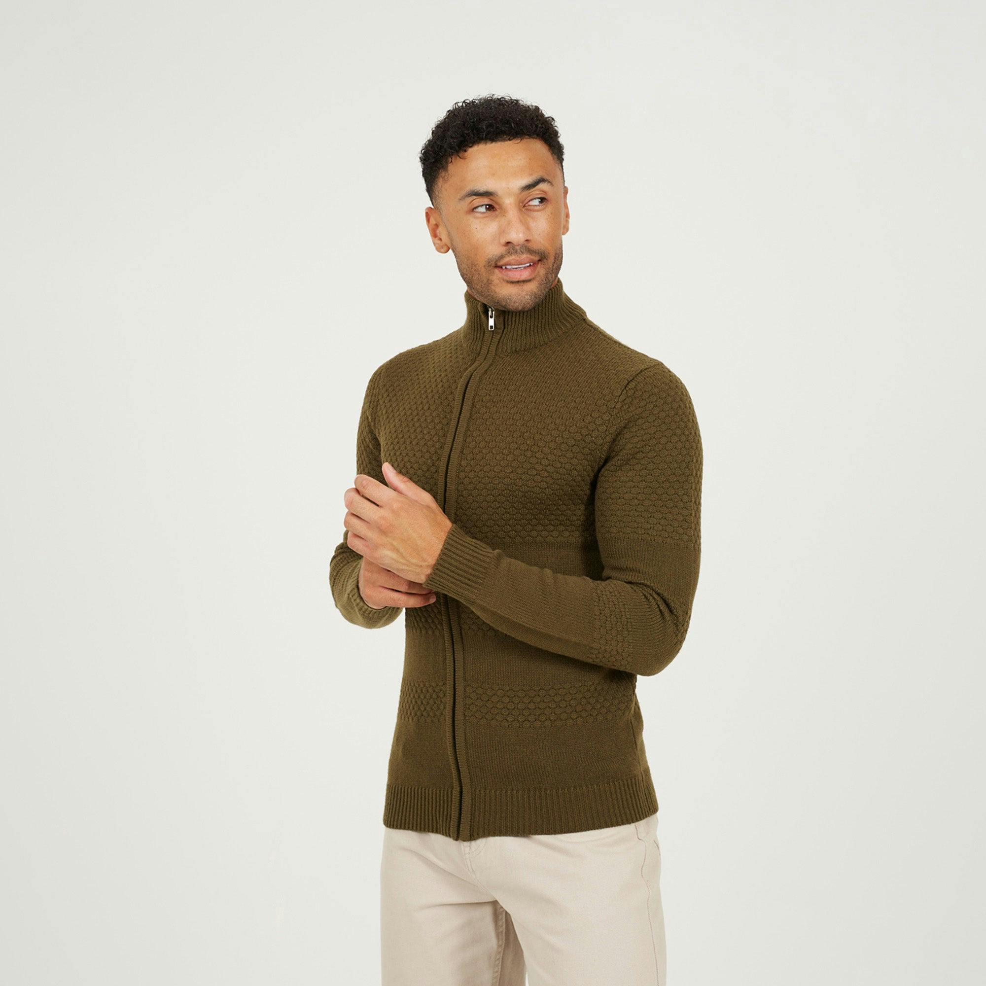 Brave Soul Zip Through Funnel Neck Knit Cardigan - Khaki - Khaki - Xl
