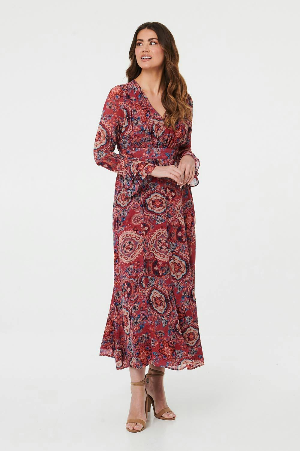 Izabel London Red Printed Ruched Long Sleeve Maxi Dress - 8