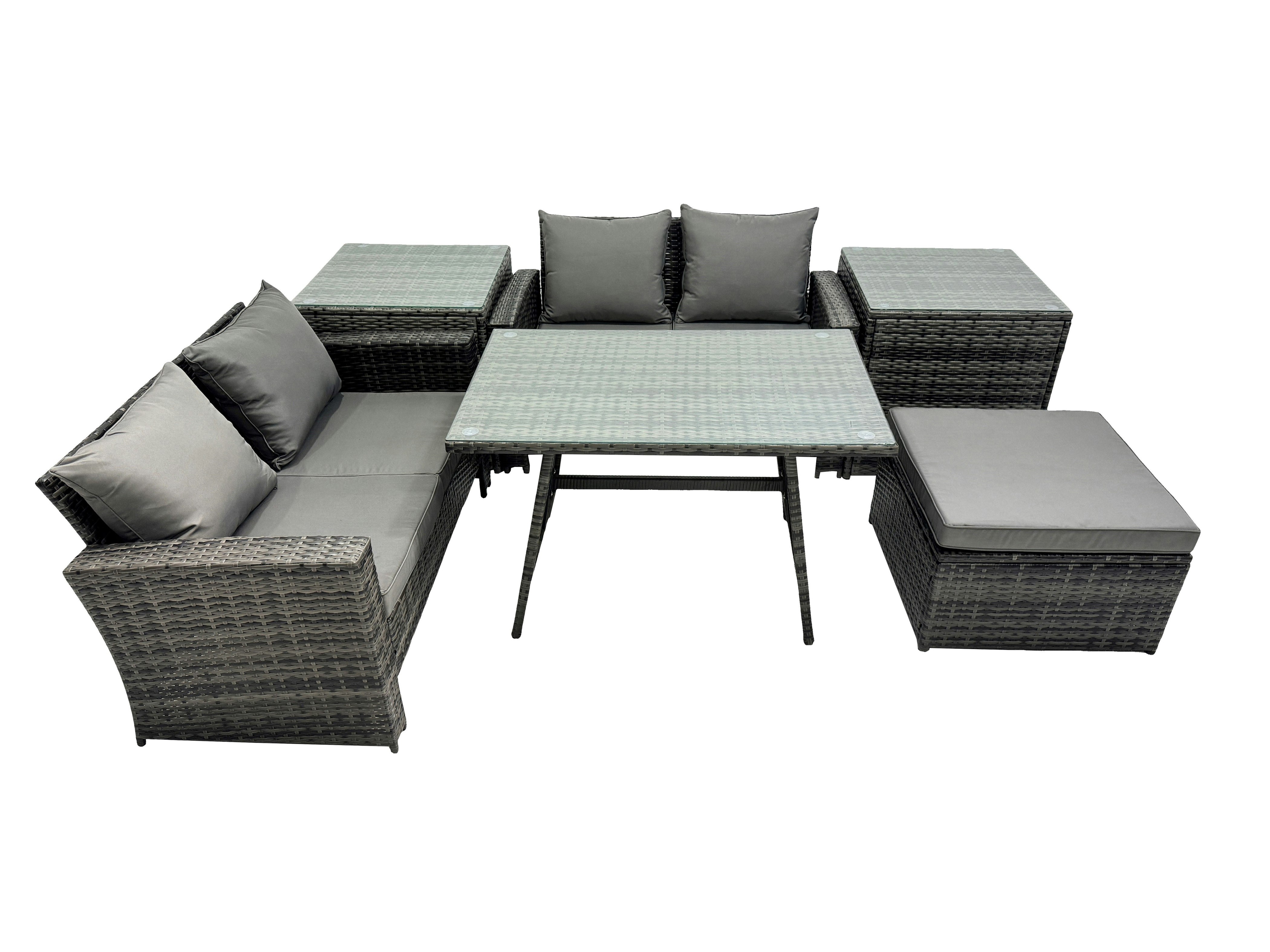 Rackhams Dark/Grey 5 Seater Wicker Pe Rattan Furniture Outdoor Dining Table Double Seat Sofa Big Stool 2 Side Table Set Mixed
