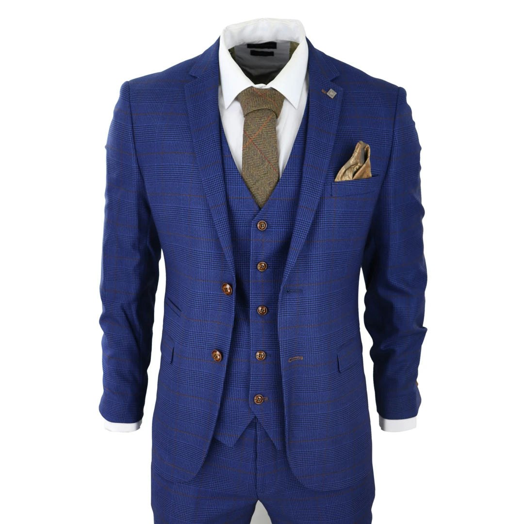 Paul Andrew Men's Blue/Brown Alex - Check 3 Piece Suit Wedding Prom Races Prince Of Wales - 40" Jacket 34" Trousers