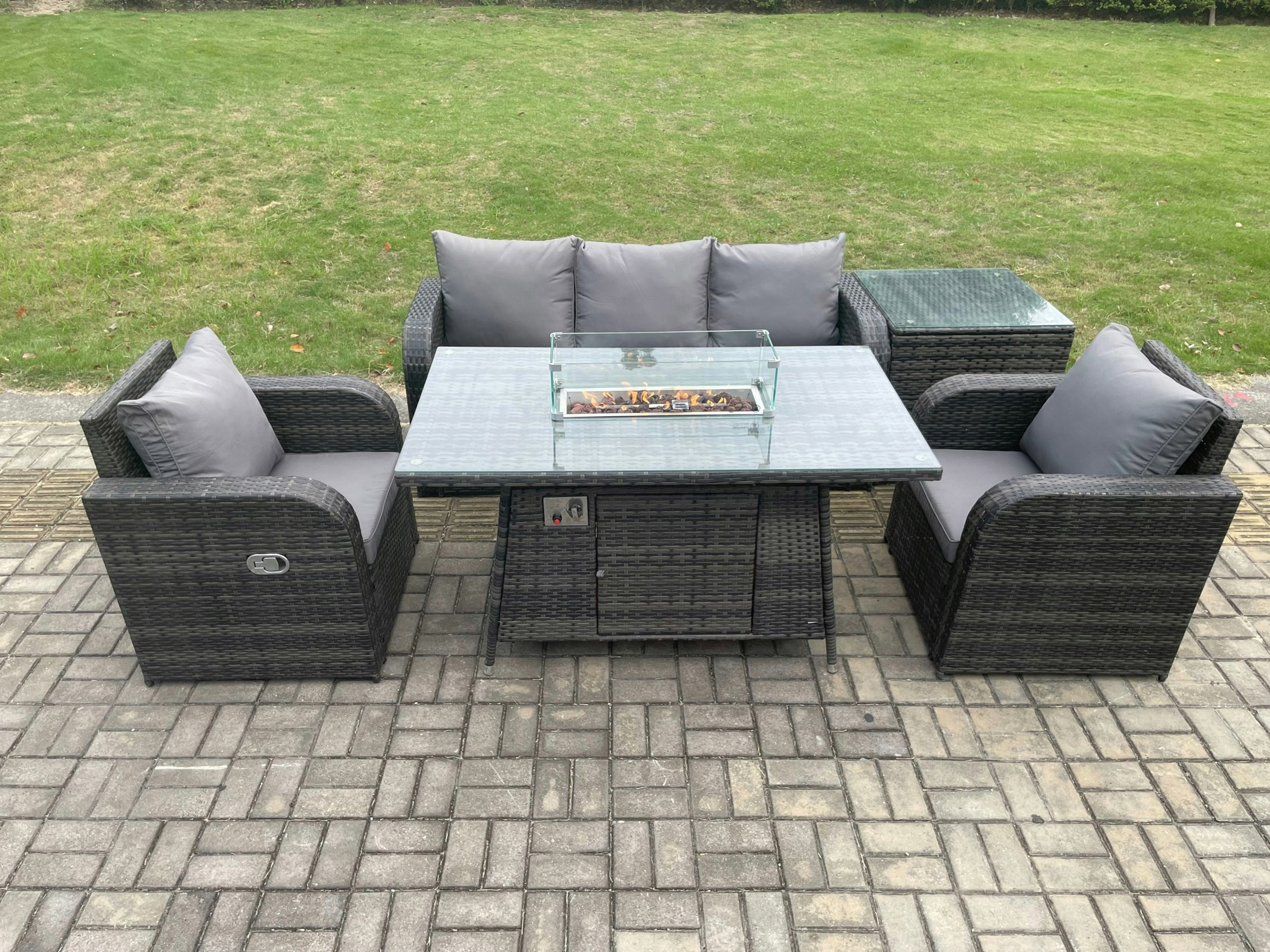 Fimous Dark/Grey Outdoor Rattan Garden Furniture Set Propane Gas Fire Pit Table Burner With Lounge Sofa Side Table