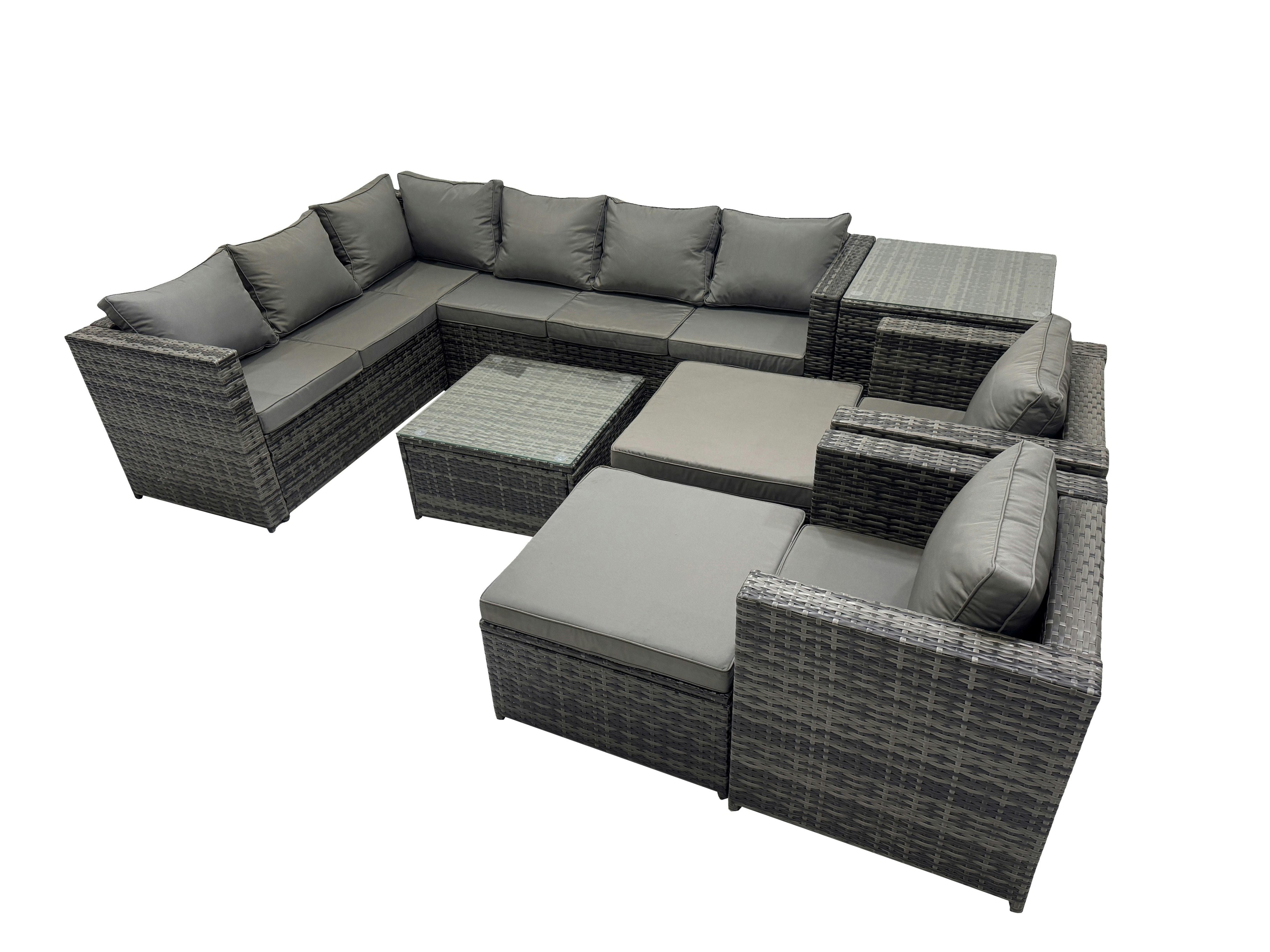 Rackhams Dark/Grey Rattan Garden Furniture Patio Furniture Sets With Corner Sofa Square Coffee Table 2 Big Stool Mixed