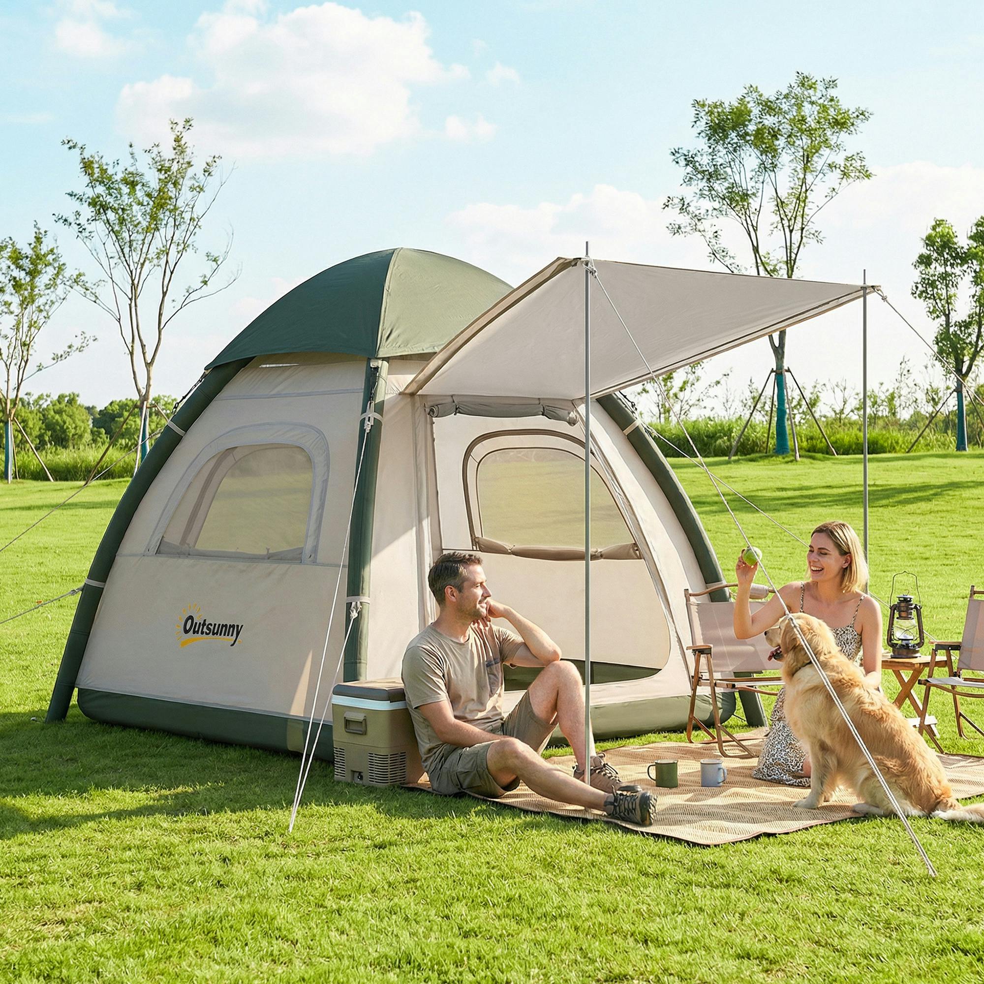 Outsunny Beige 3 Man Inflatable Camping Tent W/ 3000Mm Waterproof Rainfly - Carry Bag, Manual Air Pump, Guy Ropes, Ground Stakes, Support Poles - 3 Persons