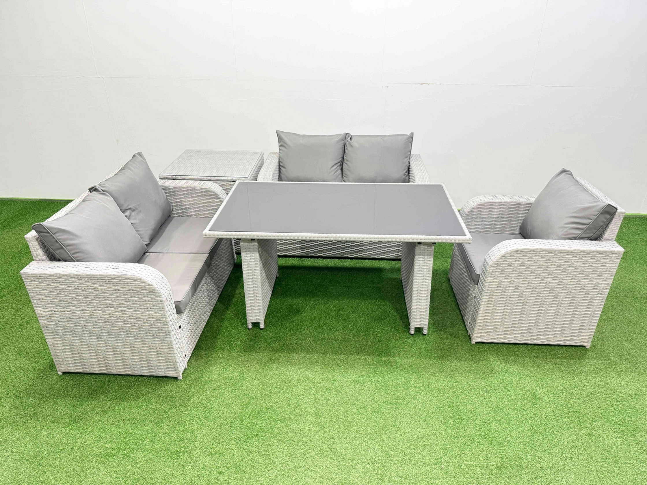 Rackhams Light/Grey Rattan Sofa Outdoor Furniture With Dining Table,Side Table,Love Sofa Patio Furniture 5 Seater