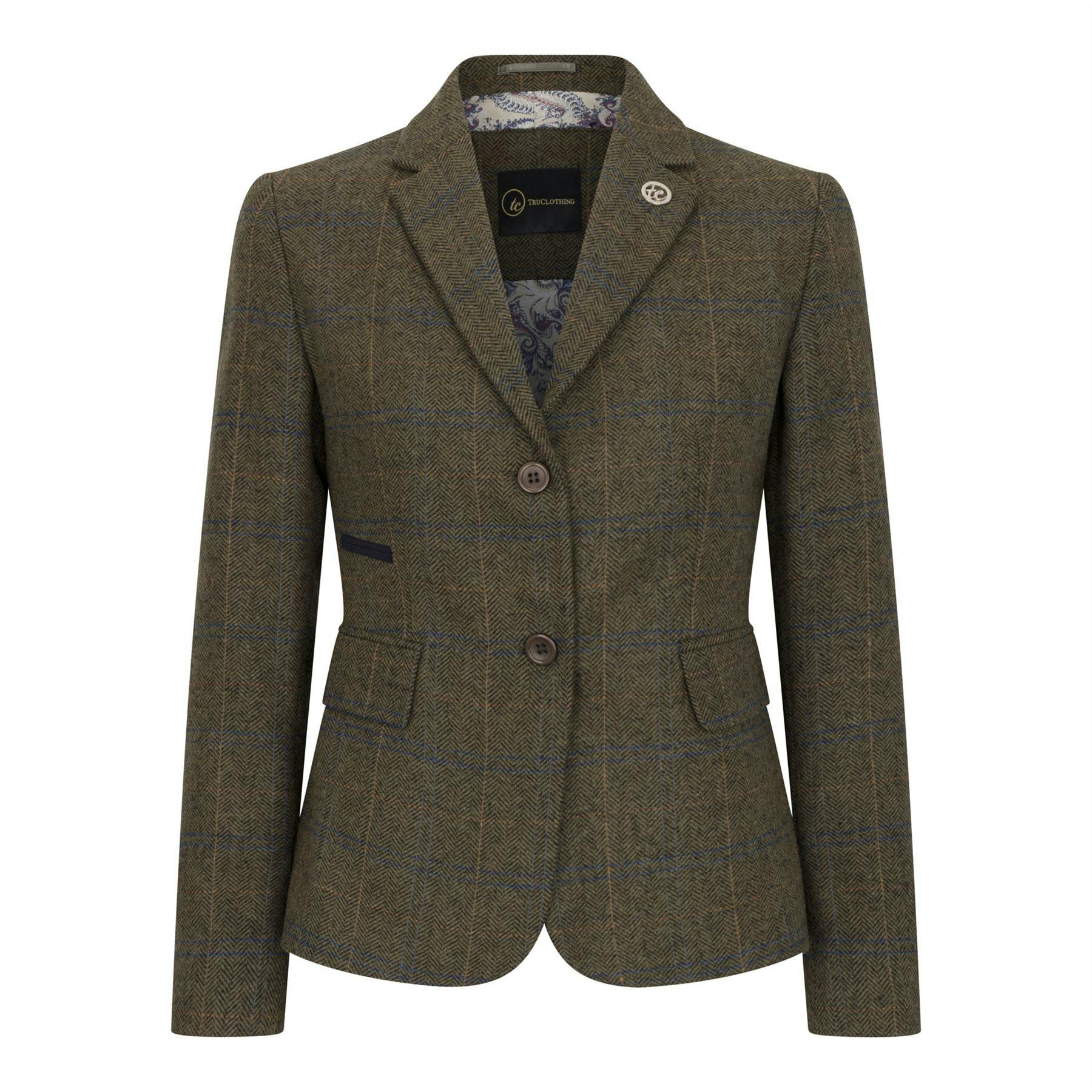 Truclothing Women's Green Olive Tailored Fit Tweed Blazer In Herringbone Check - Olive - Uk Xl/16 | Eu 42 | Us 12