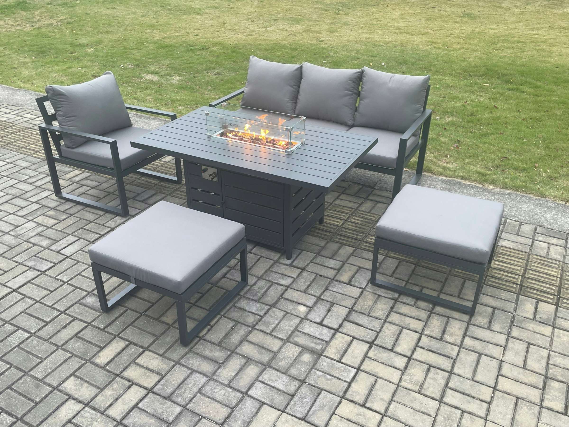 Fimous Dark/Grey Aluminium 5 Pieces Garden Furniture Sofa Set With Cushions Gas Fire Pit Dining Table Set With 2 Big Footstools