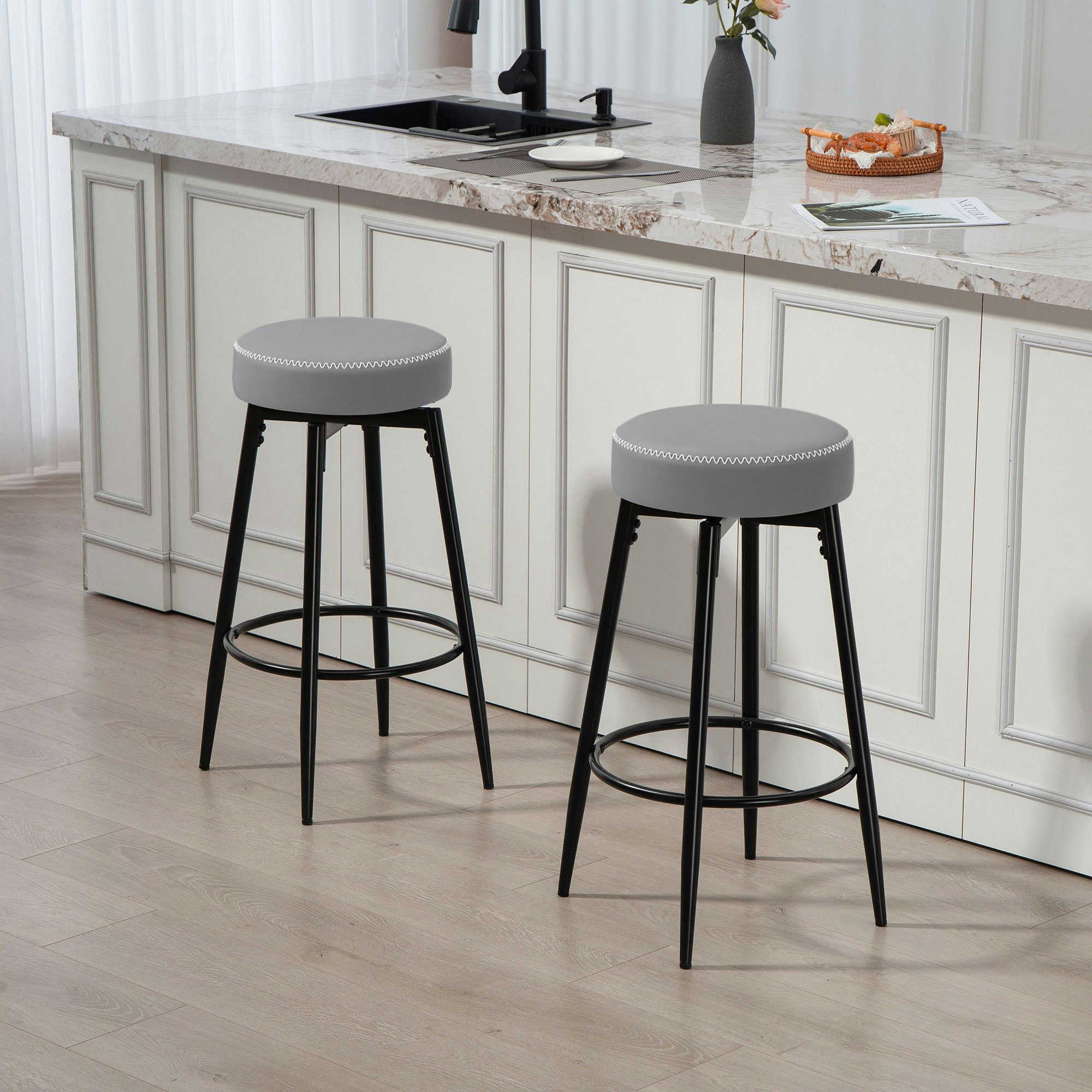 Homcom Grey Swivel Bar Stools Set Of 2, Pu Leather Barstools With Footrest