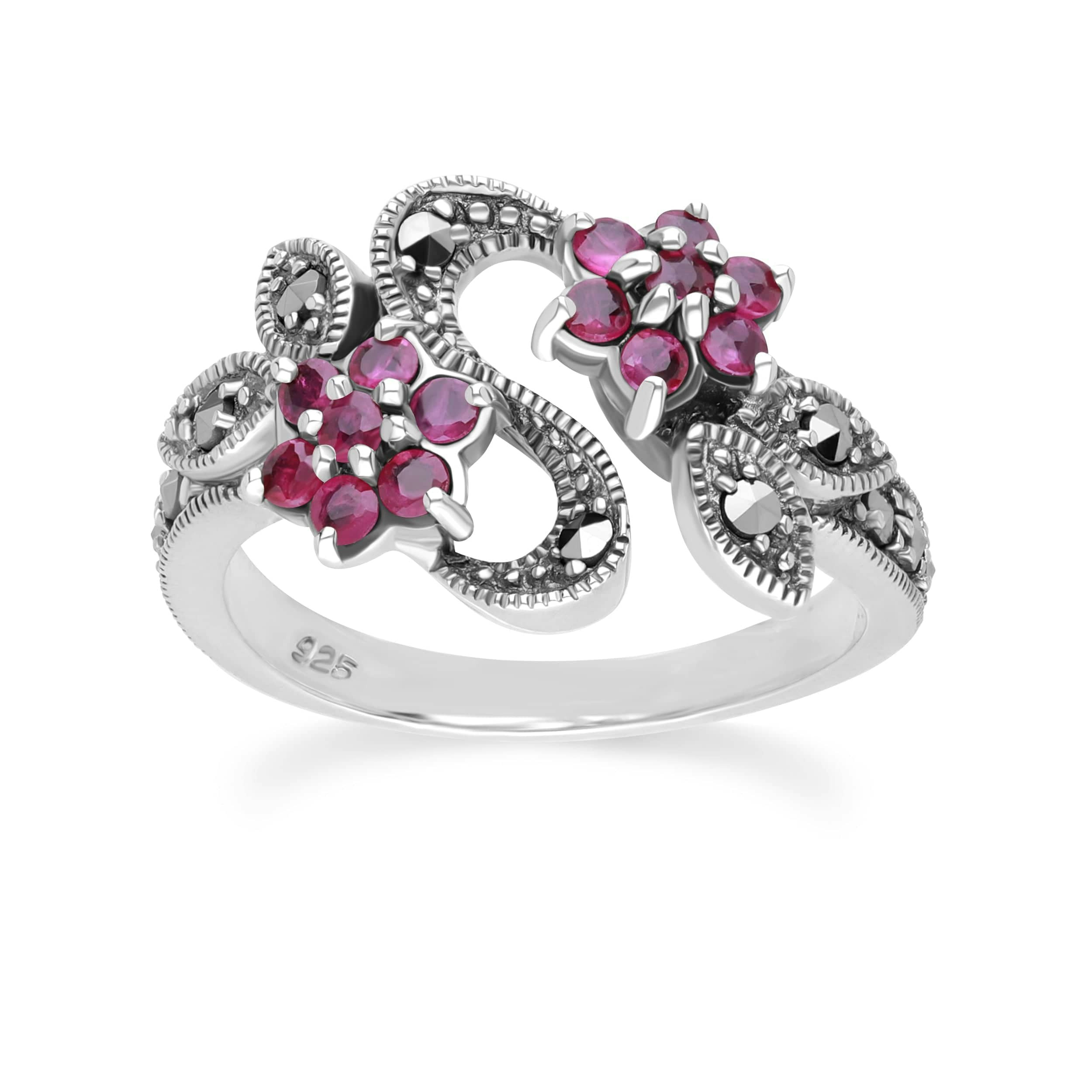 Gemondo Silver Art Nouveau Style Round Ruby & Marcasite Flower Ring In Sterling - O