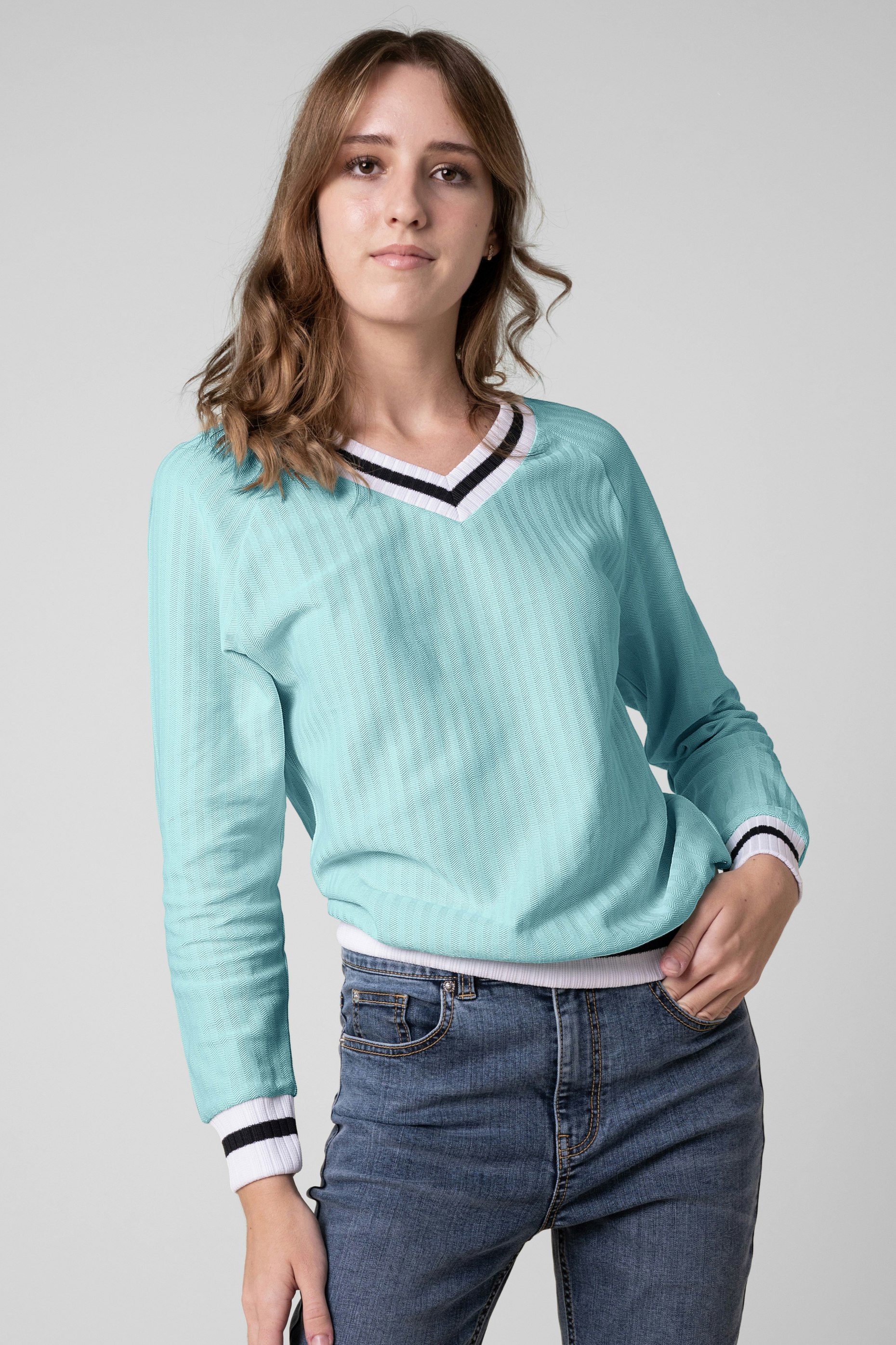 Enorsia Women's Blue V-Neck Herringbone Effect Sweatshirts - 16 - 55% Cotton, 45% Polyester