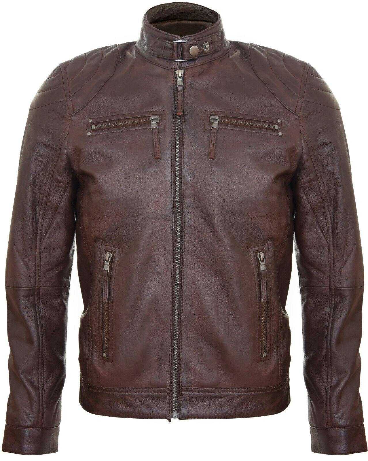 Infinity Leather Men's Brown Leather Biker Vintage Zipped Racing Jacket - Uk 4XL | Eu 58 | Us 48