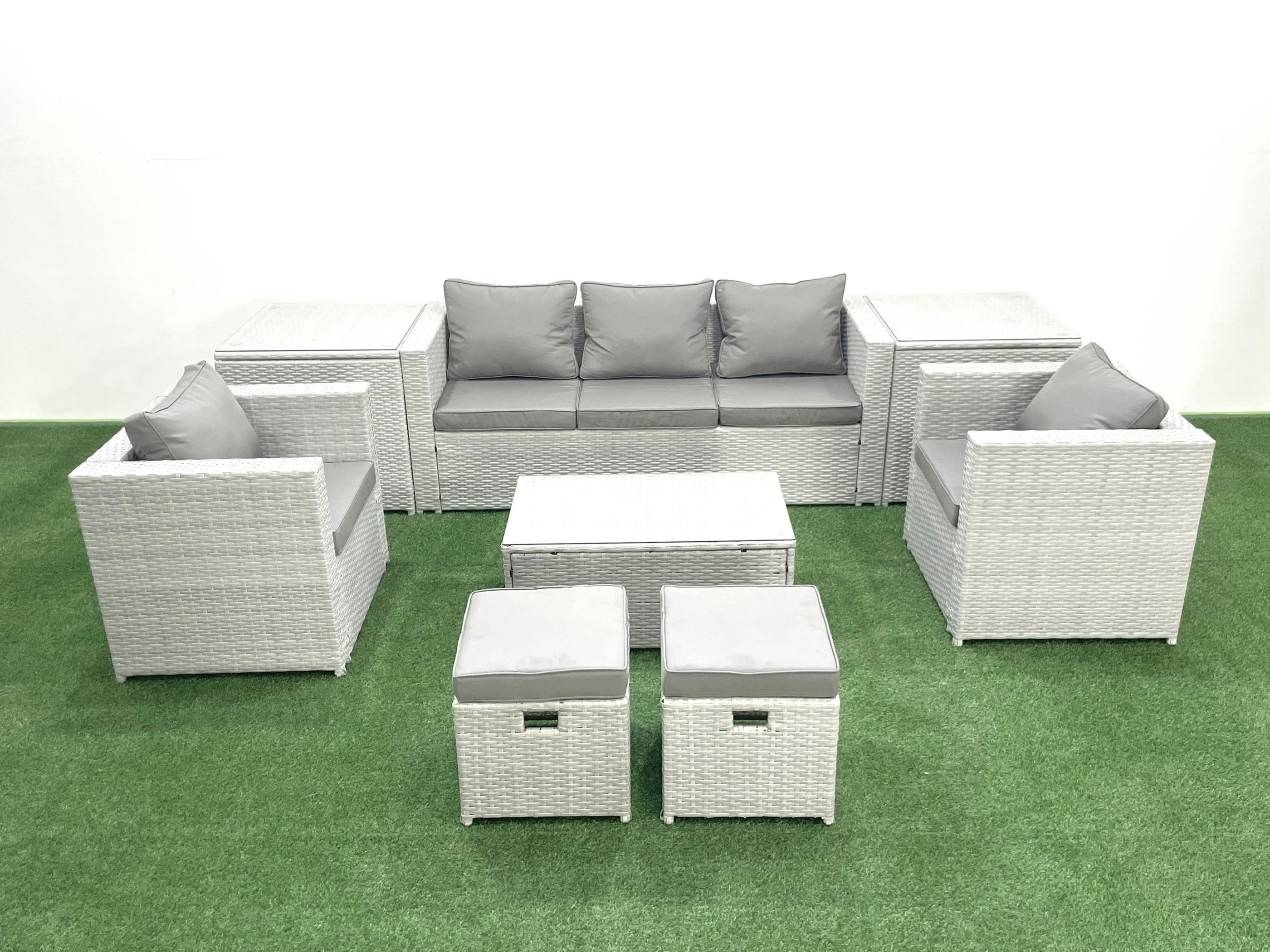 Rackhams Light/Grey 7 Seater Rattan Garden Furniture Set With 3 Seater Sofa 2 Chair Rectangular Coffee Table 2 Small Footstools 2 Side Tables Mixed