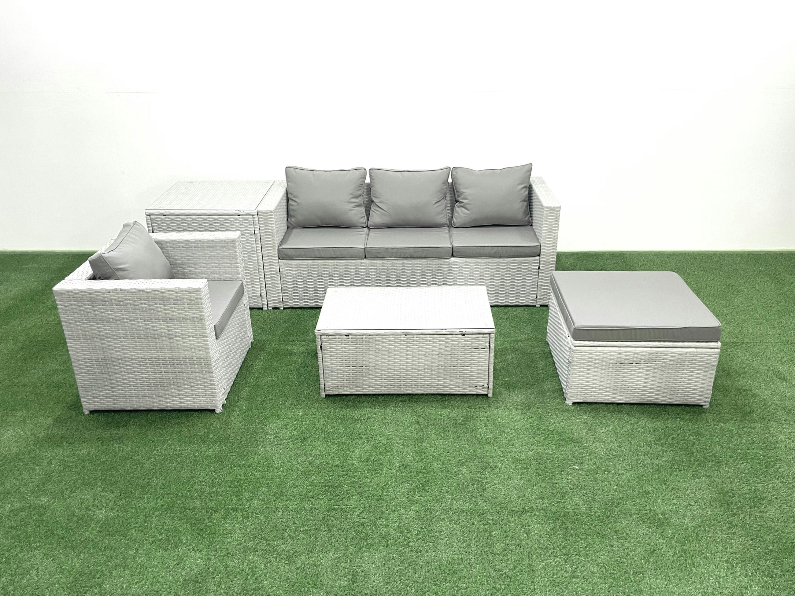 Fimous Light/Grey 5 Pieces Rattan Garden Furniture Set Outdoor Garden Sofa Chair Coffee Table Set With Side Table Big Footstool Mixed