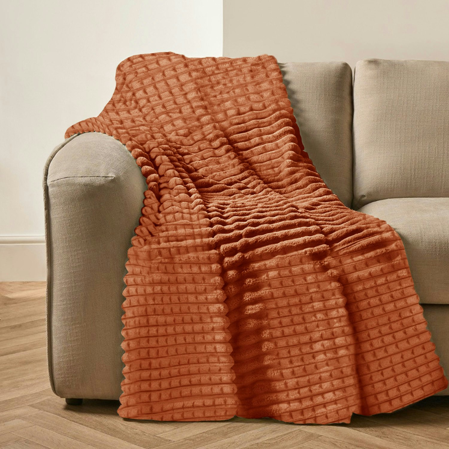 Rackhams Chunky Cord Waffle Plush Heavy Blanket - 200Cm X 240Cm - Rust