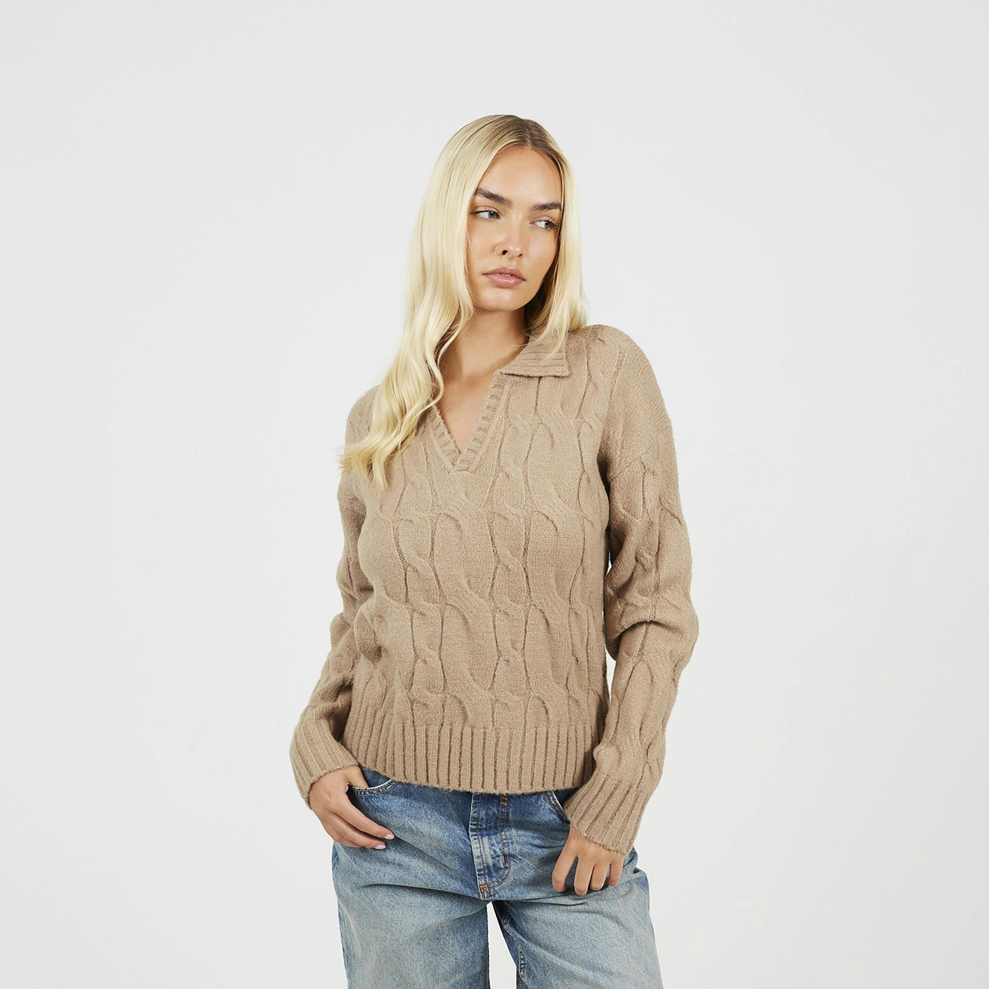 Brave Soul Beige Collared Cable Knit Jumper - Xl