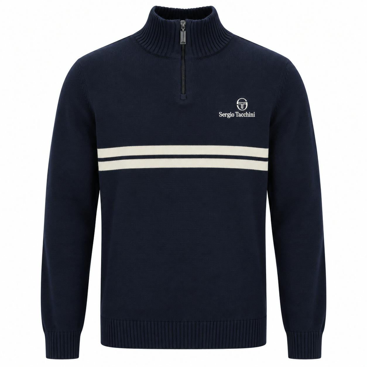 Sergio Tacchini Blue New Dallas 1/4 Zip Knitted Jumper Maritime /Peyote - L - Image 6