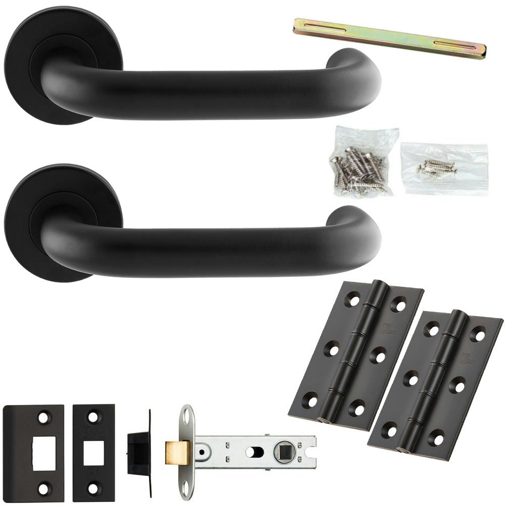 Rackhams Black Loops Door Handle & Latch Pack - Matt - Round Curved Bar Lever On Round Rose