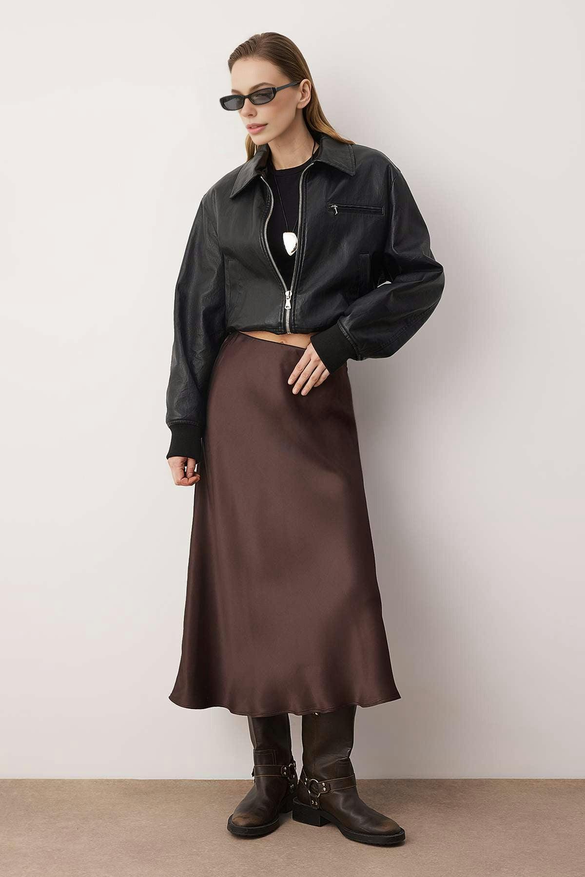Wovcor Brown Woven Midi Satin Skirt - 10