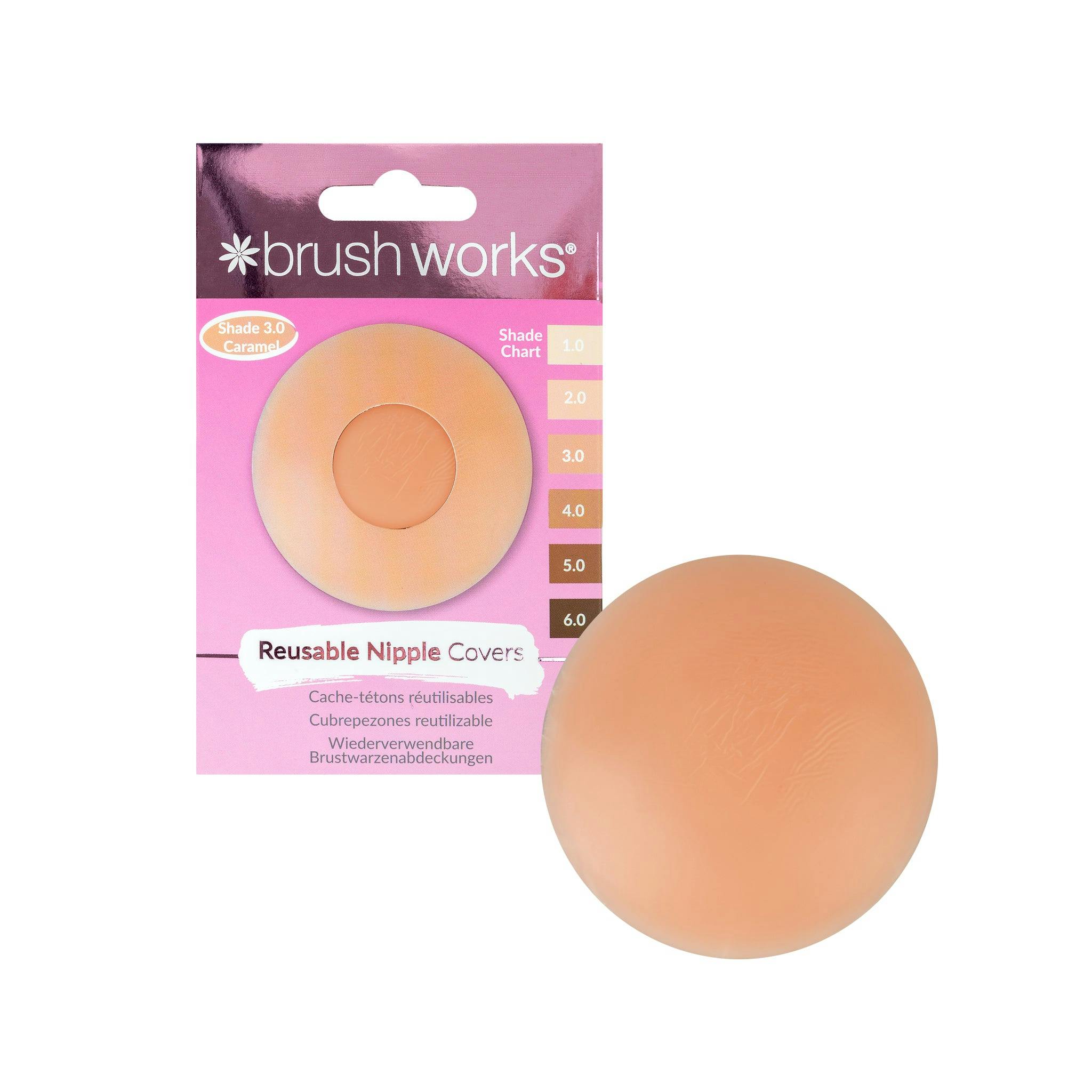 Brushworks Reusable Silicone Nipple Covers (Shade 3.0 - Caramel) - Adhesive Pasties for Invisible Coverage Under T Shirts, Crop Tops & Backless Dresses, Vegan & Cruelty Free Beige - Image 2