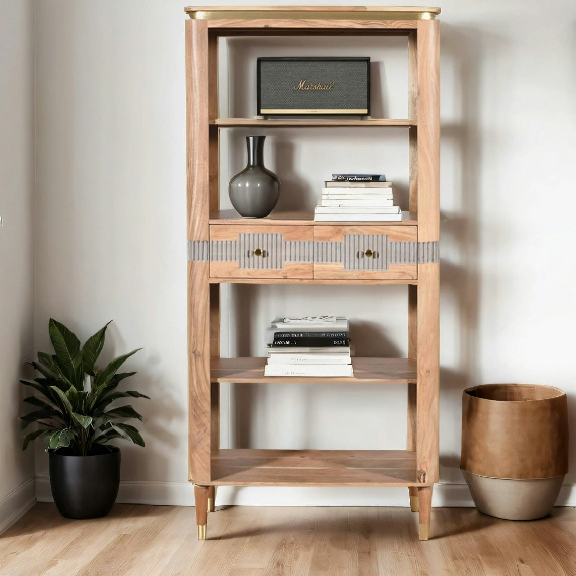 Ih Design Alaina Acacia Wood 2 Drawers Open Bookcase - Wood - 1 - 85X40x180cm (Lxdxh)