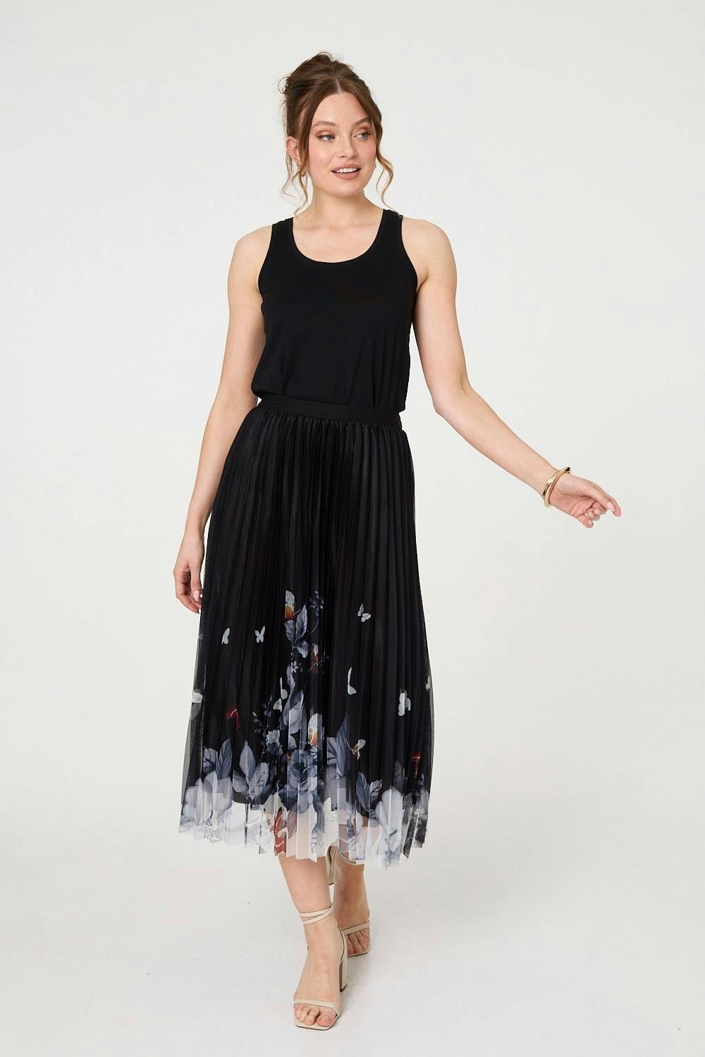 Izabel London Black Butterfly Print Pleated Mesh Midi Skirt - S/M