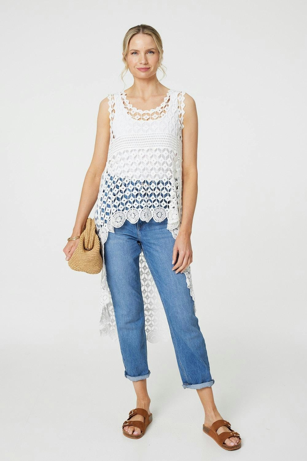 Izabel London White Lace Sleeveless High Low Top - M/L