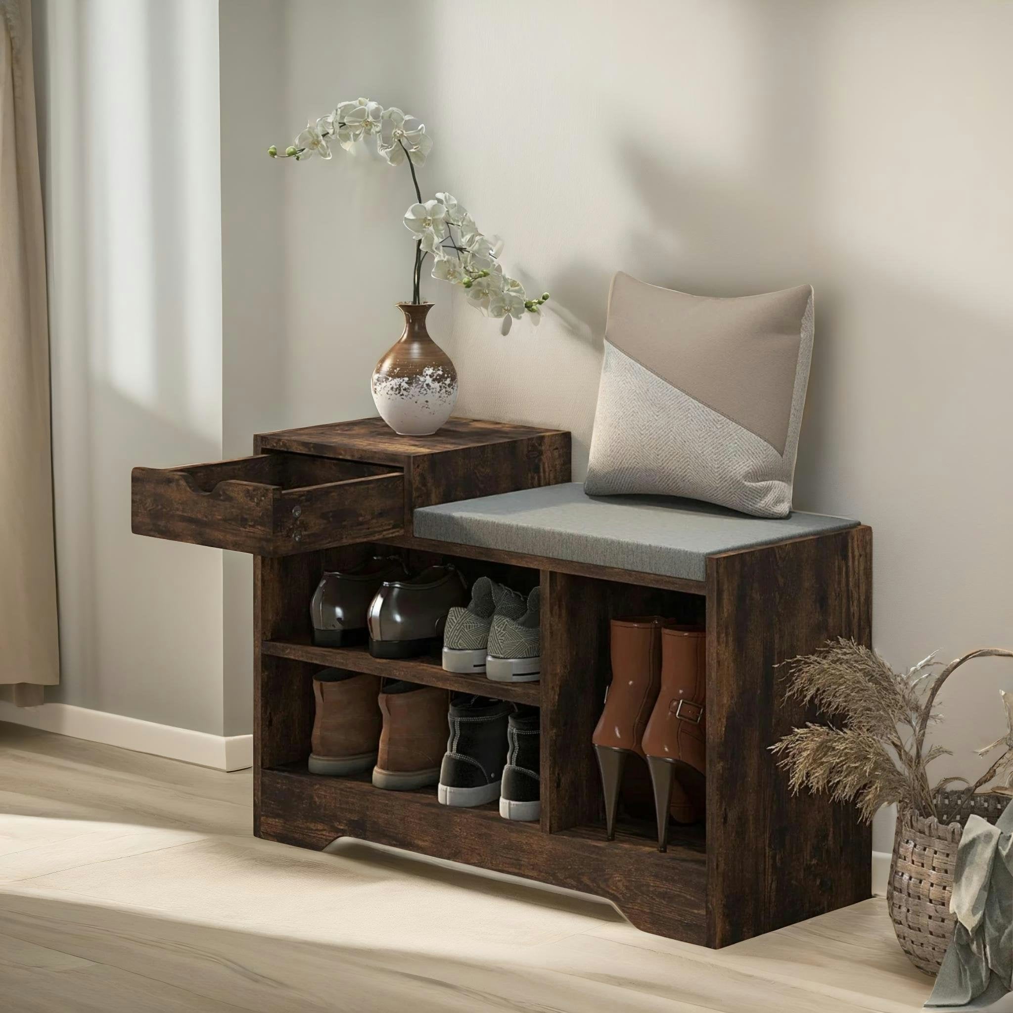 Rackhams Brown Industrial Shoe Storage Bench With 3 Open Shelves Rustic