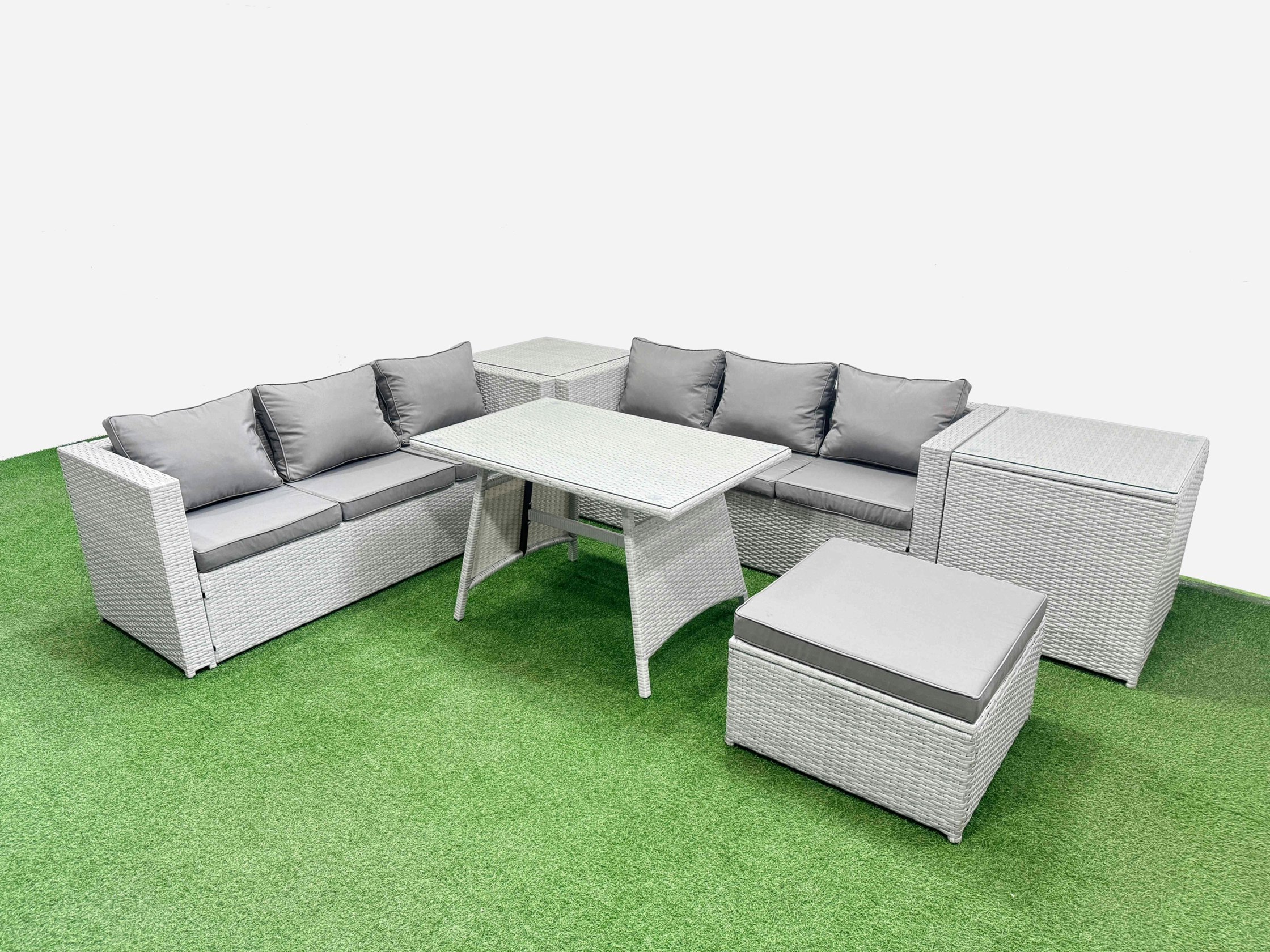 Fimous Light/Grey Rattan Garden Furniture Dining Set 7 Seater Patio Rectangular Table 3 Seater Sofa Set With 2 Side Tables Big Stool