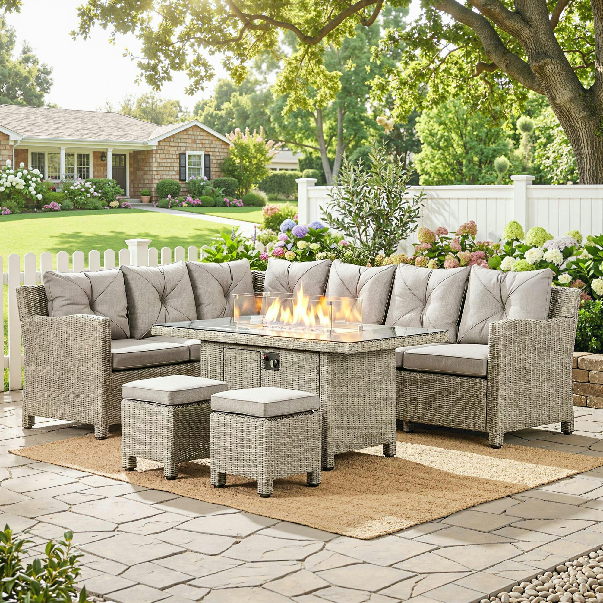 Outsunny Unisex Grey 5 Pcs Outdoor Rattan Corner Dining Set Footstool Gas Fire Pit Table Furniture In - Image 2