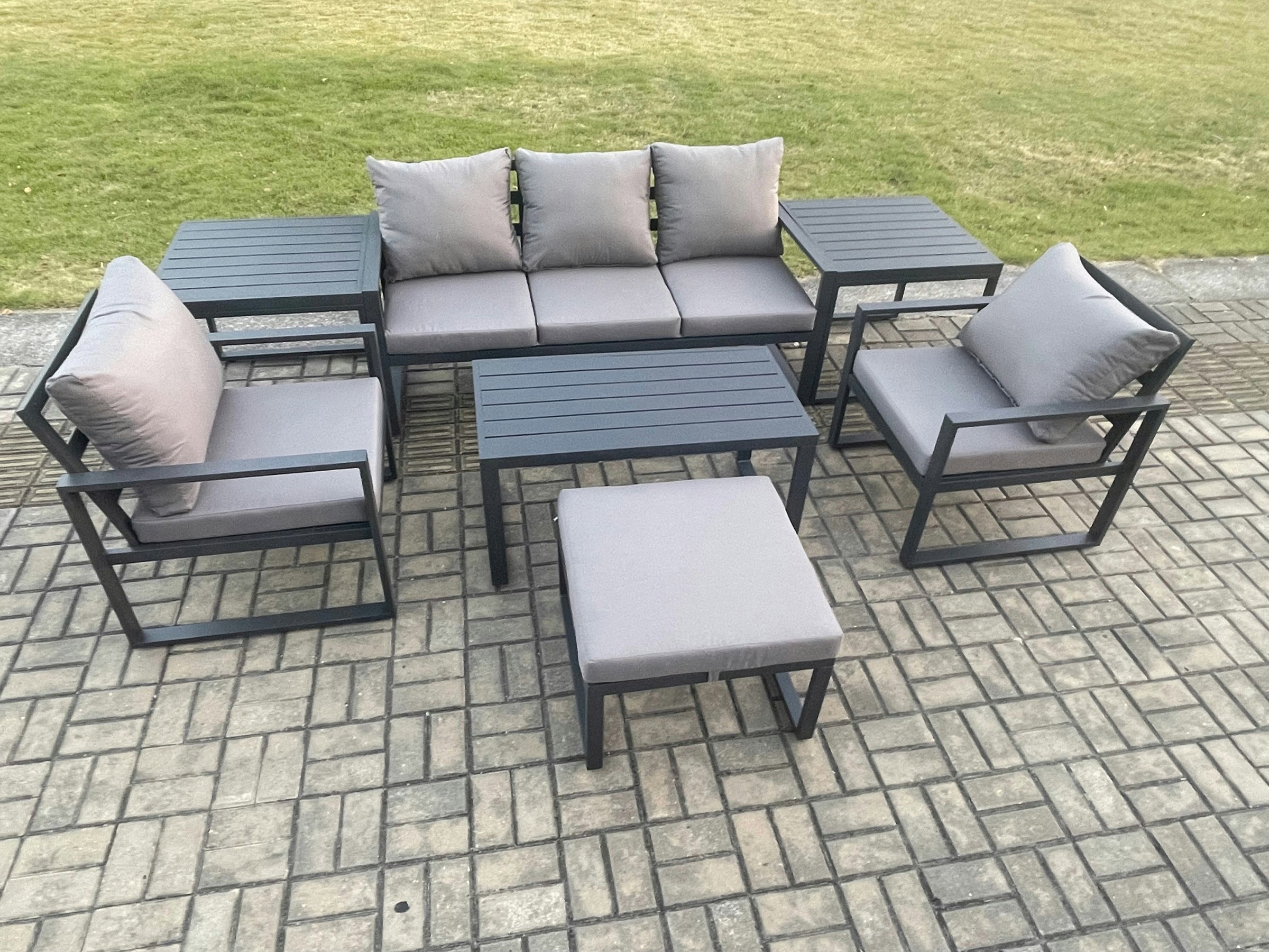 Fimous Dark/Grey Aluminium Patio Outdoor Furniture Set 6 Seater Garden Sofa With Oblong Coffee Table Big Footstool 2 Armchairs 2 Side Tables