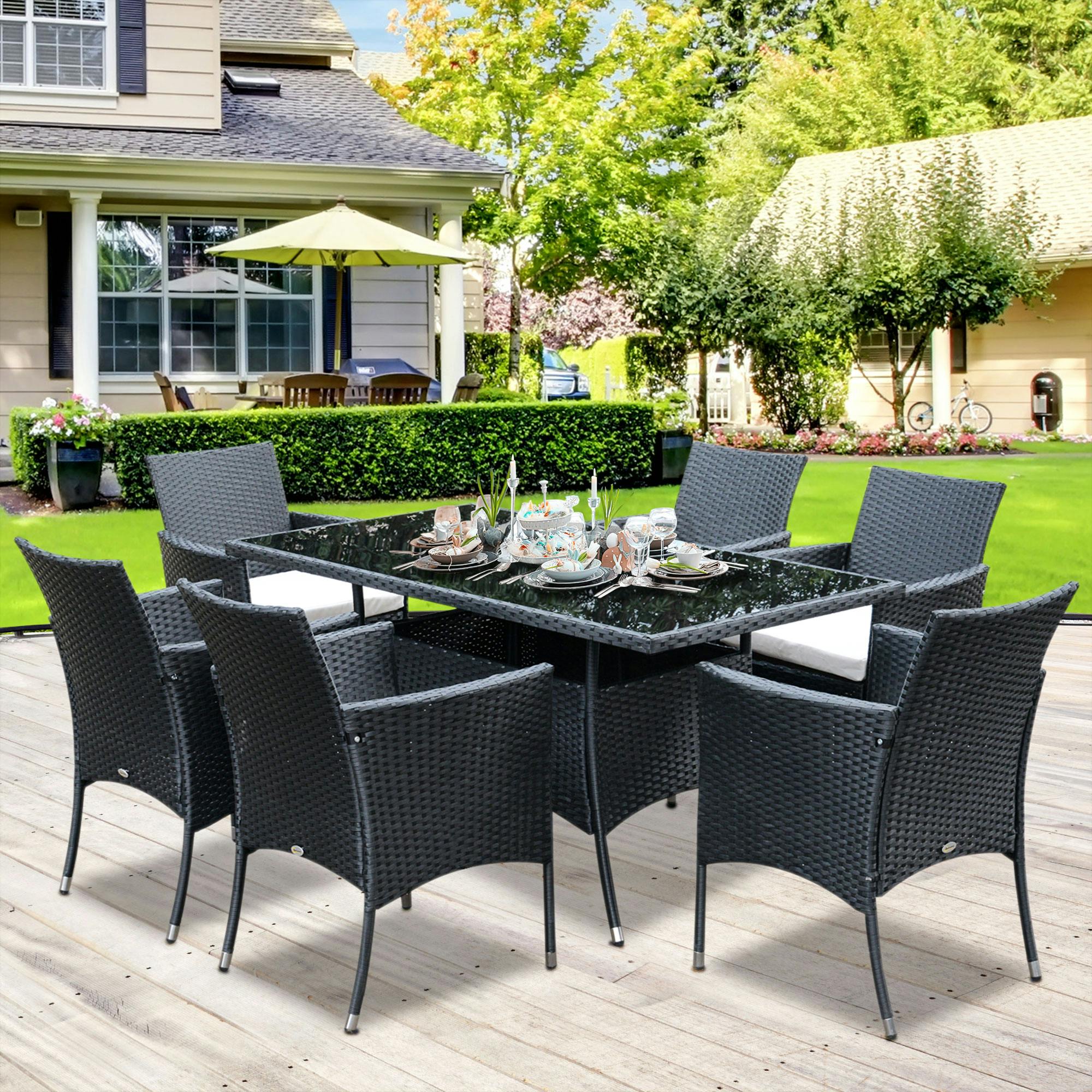 Bobobiy Black 6 Seater Rattan Dining Set With Cushions, Rattan Garden Furniture Set With 6 Armchairs, Rectangular Glass Top Table, - Image 2