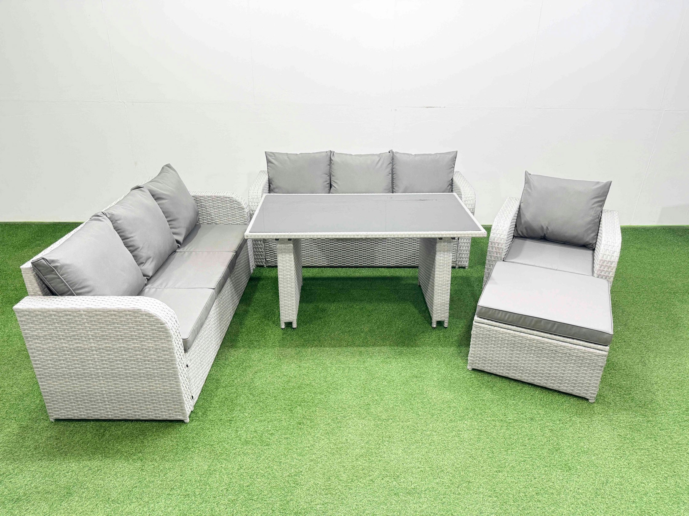Rackhams Light/Grey Rattan Garden Furniture Dining Set 8 Seater Patio Rectangular Table Sofa Set With Big Stool