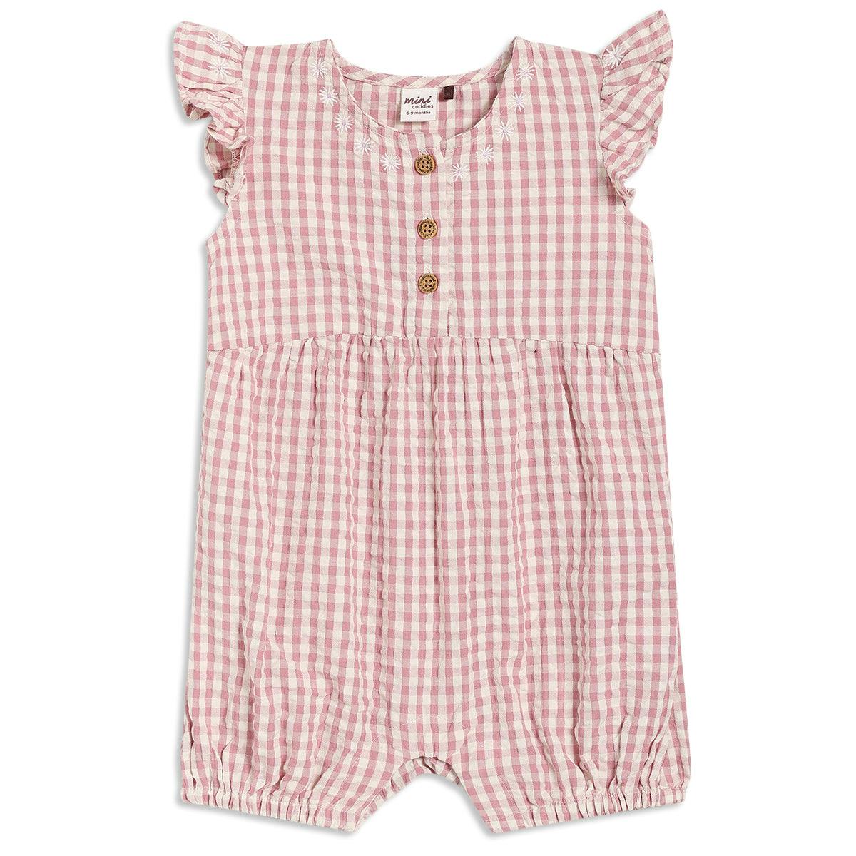 Mini Cuddles Women's Pink Baby Girls Checked Romper With Daisy Embroidery, - Nb