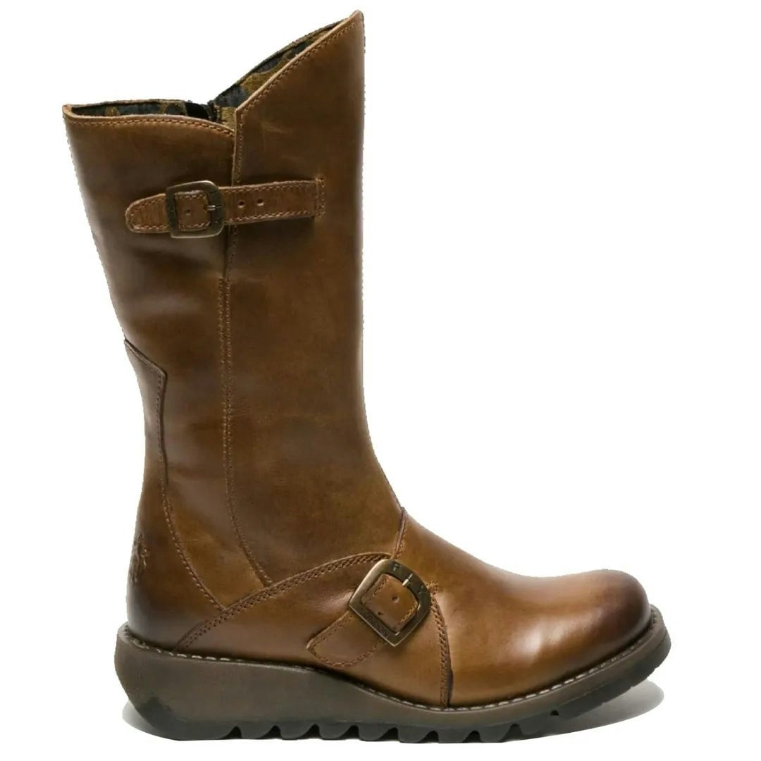 Fly London Women's Mes2913 - Wedge Heel Buckle Mid Calf Leather Boots - Camel - Uk 7