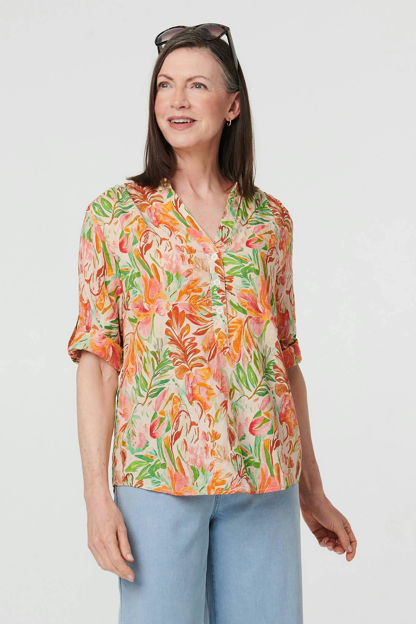Izabel London Orange Floral Print 3/4 Sleeve Blouse - 16