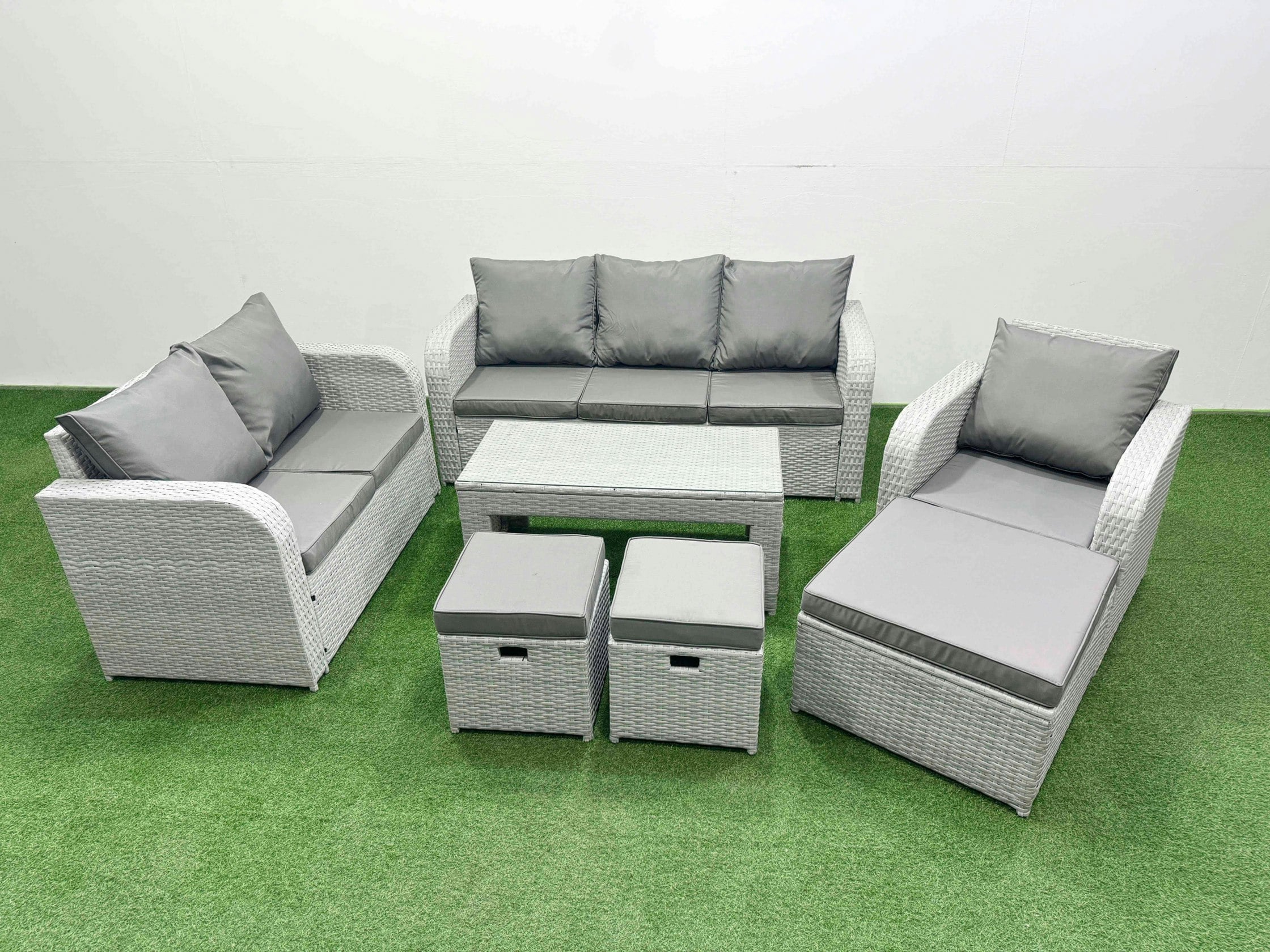 Fimous Light/Grey 9-Seater Patio Sofa Set - Pe Wicker Rattan Outdoor Furniture With Oblong Coffee Table & Reclining Chair