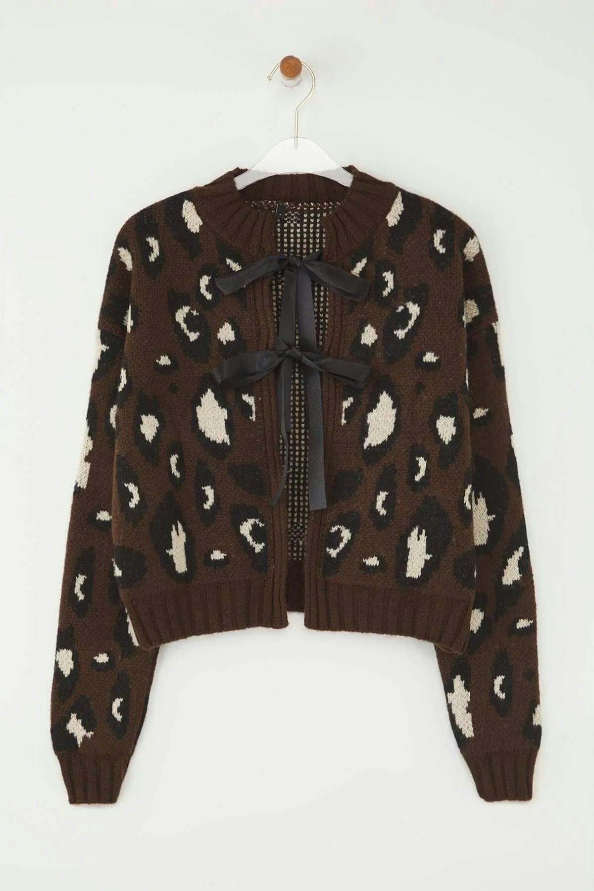 Wovcor Brown Leopard Patterned Crop Soft Textured Knit Cardigan - S