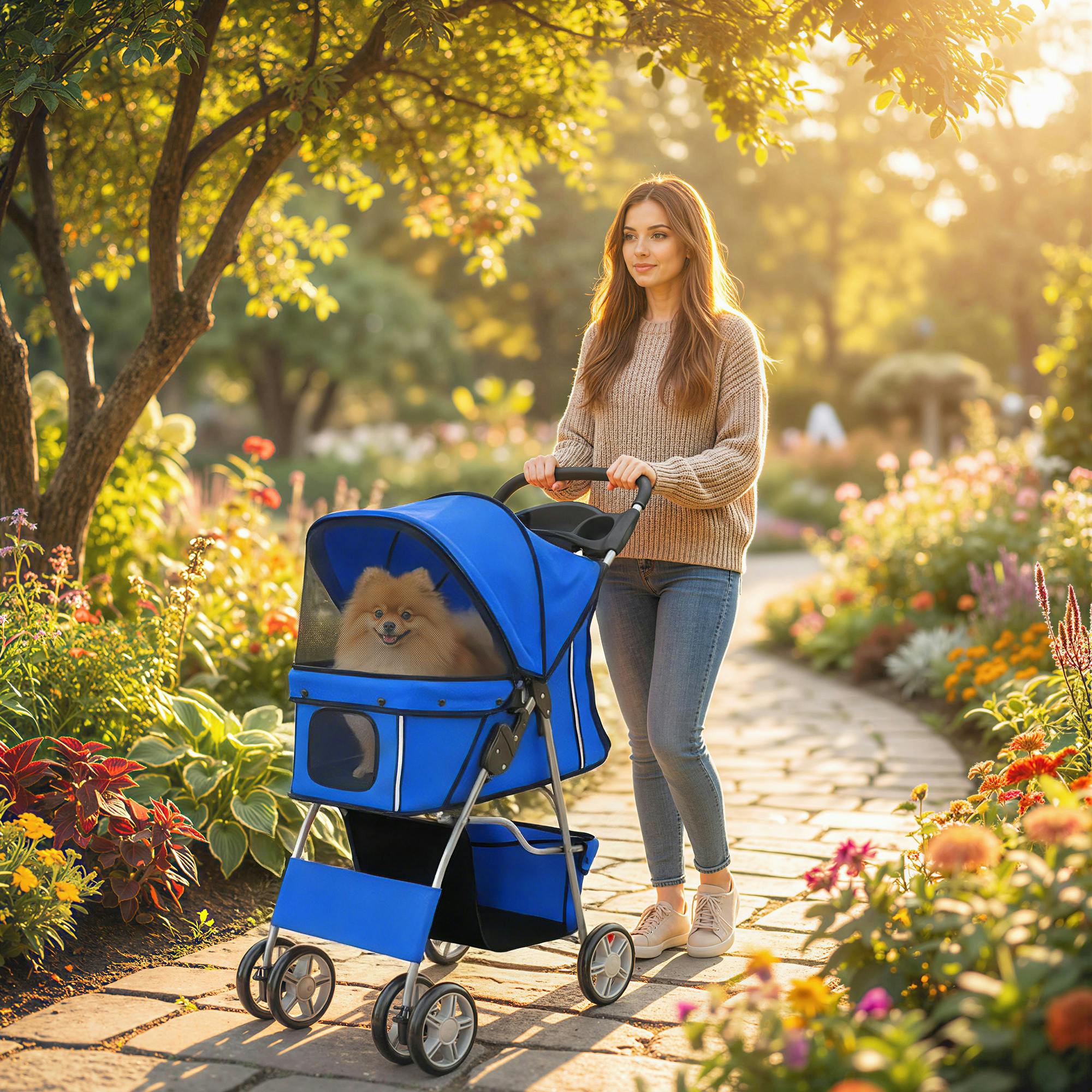 Pawhut Blue Pet Stroller Carrier Foldable Deluxe Walk Travel Dog,