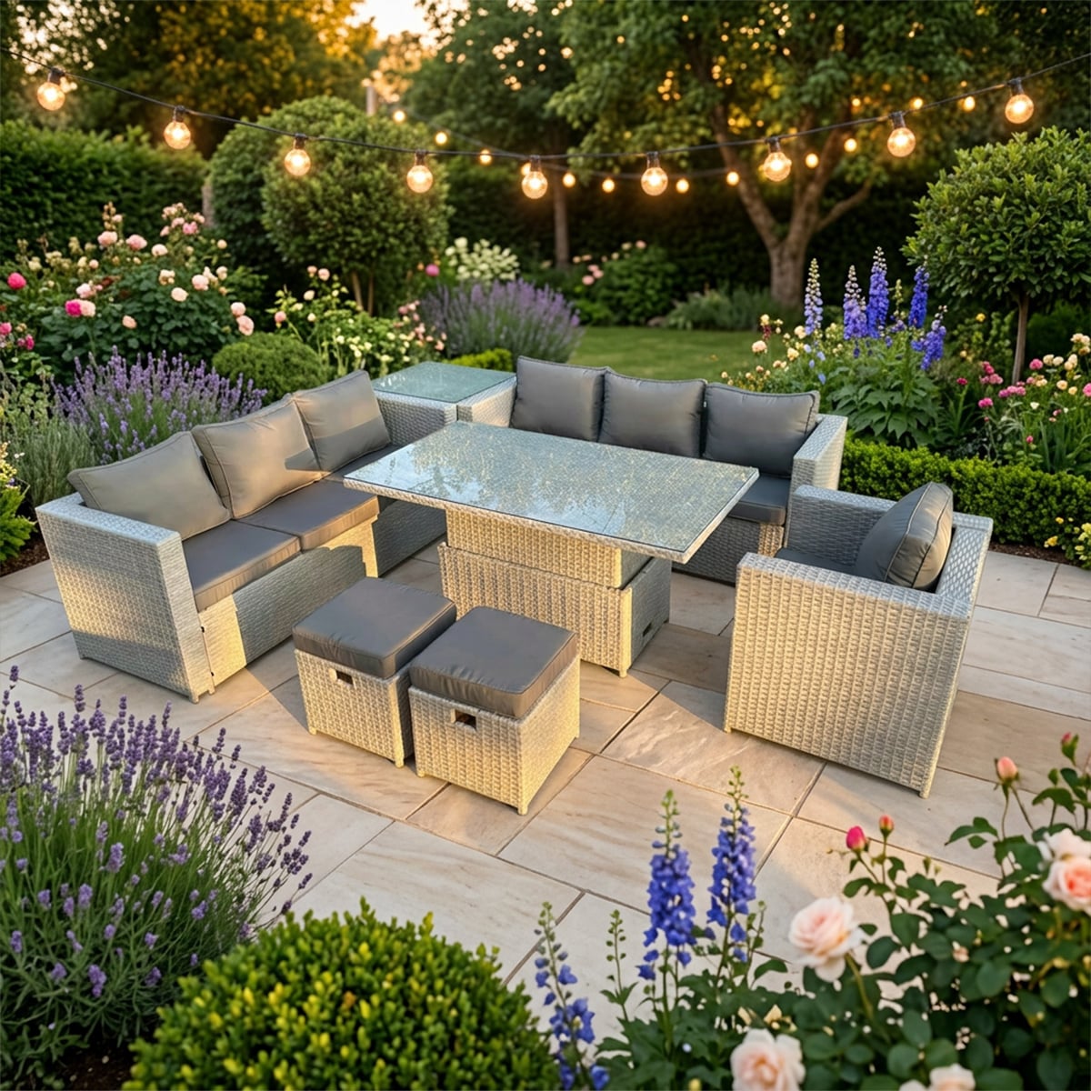 Rackhams Light/Grey 9 Seater Rattan Garden Furniture Set With Height Adjustable Rising Table, 2 Sofas, 1 Chair & 2 Footstools