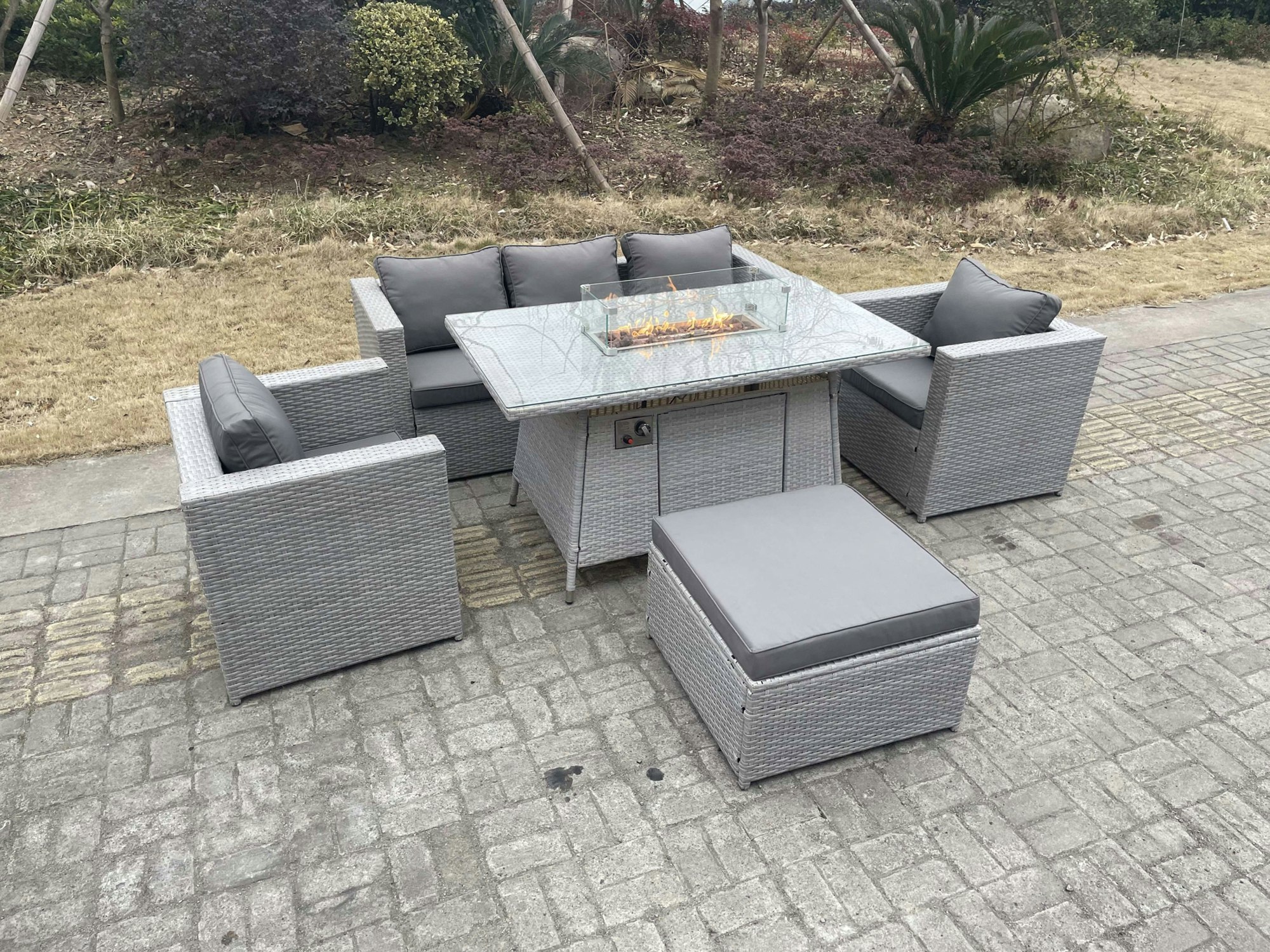Fimous Light/Grey Rattan Fire Pit Garden Furniture Set Gas Heater Burner Chairs With Big Footstool