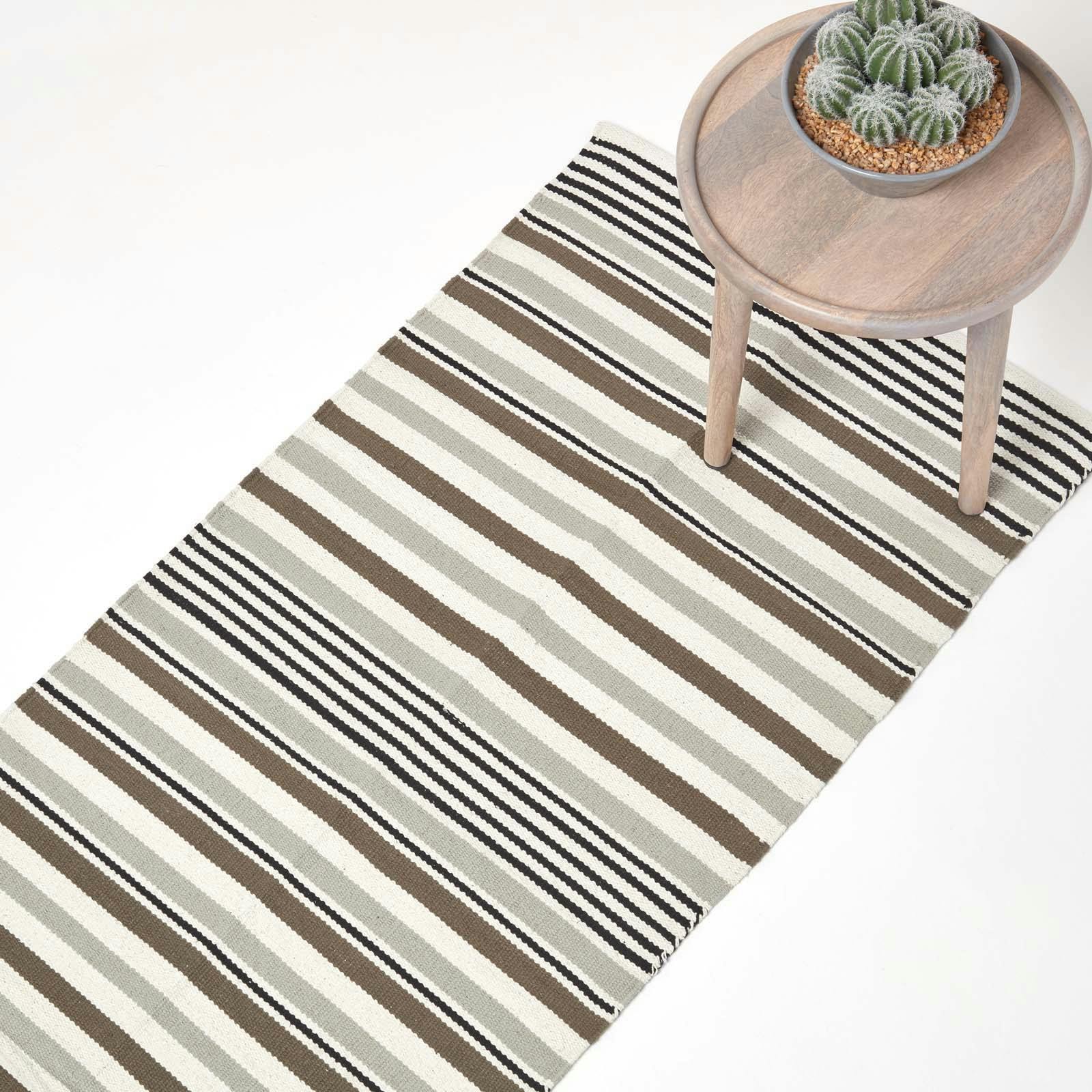 Rackhams Black/Grey Striped Cotton Modern Rug Scandinavian Style - & - 66 X 200 Cm