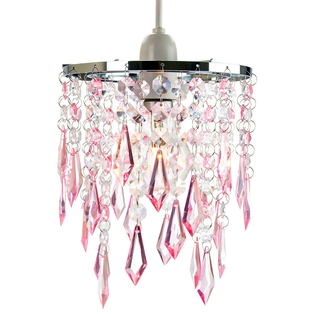 Rackhams Pink Modern Waterfall Design Pendant Shade With Clear/ Acrylic Drops And Beads